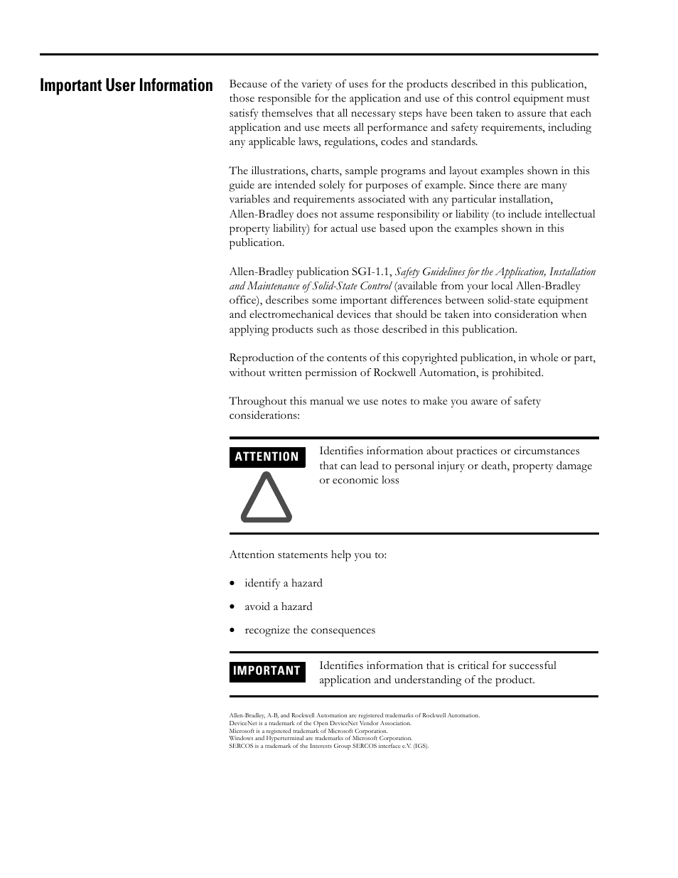 Important user information | Rockwell Automation 2092-DAx Ultra1500 Host Commands for Serial Communication Reference Manual User Manual | Page 2 / 70