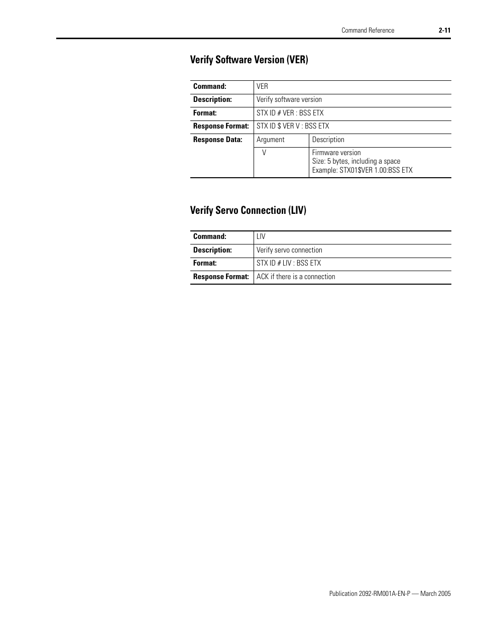 Verify software version (ver), Verify servo connection (liv) | Rockwell Automation 2092-DAx Ultra1500 Host Commands for Serial Communication Reference Manual User Manual | Page 23 / 70