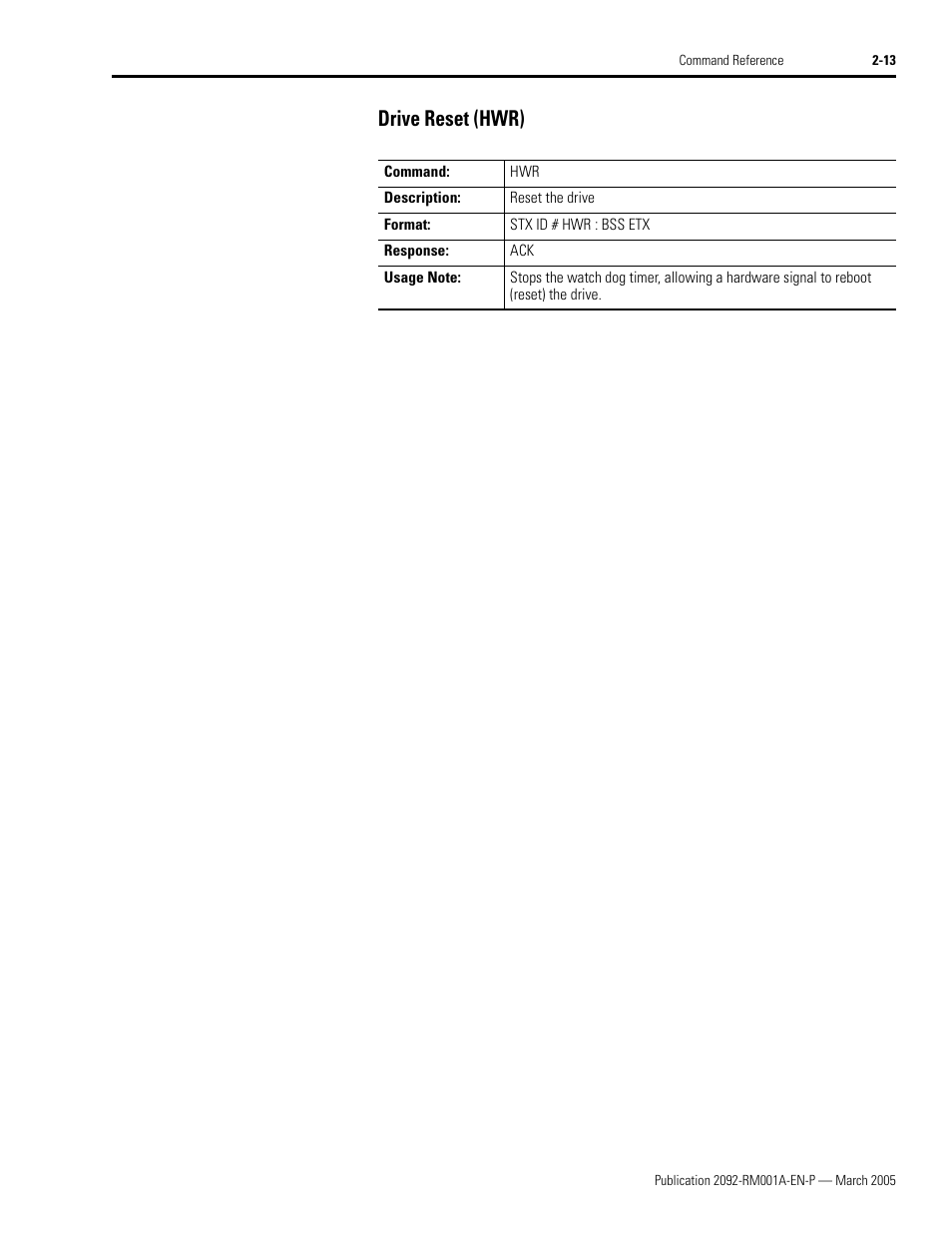 Drive reset (hwr), Drive reset (hwr) -13 | Rockwell Automation 2092-DAx Ultra1500 Host Commands for Serial Communication Reference Manual User Manual | Page 25 / 70