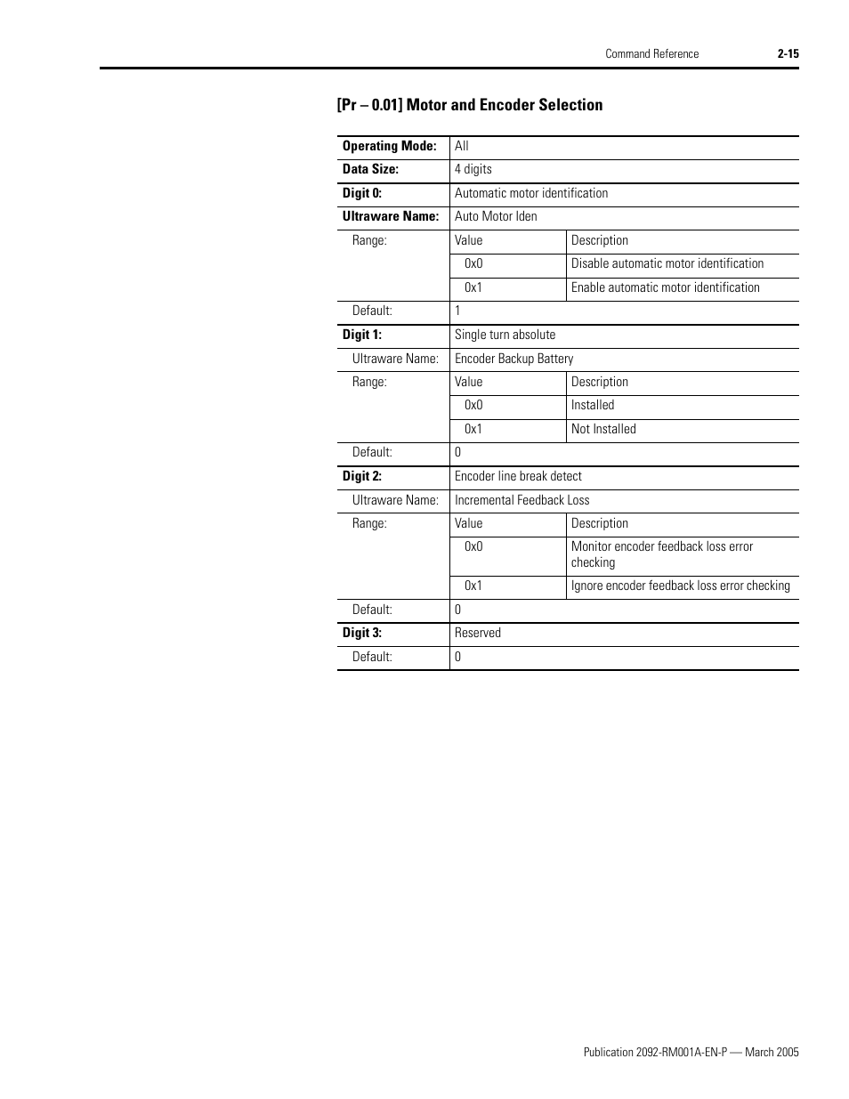Pr - 0.01] motor and encoder selection, Pr – 0.01] motor and encoder selection -15 | Rockwell Automation 2092-DAx Ultra1500 Host Commands for Serial Communication Reference Manual User Manual | Page 27 / 70