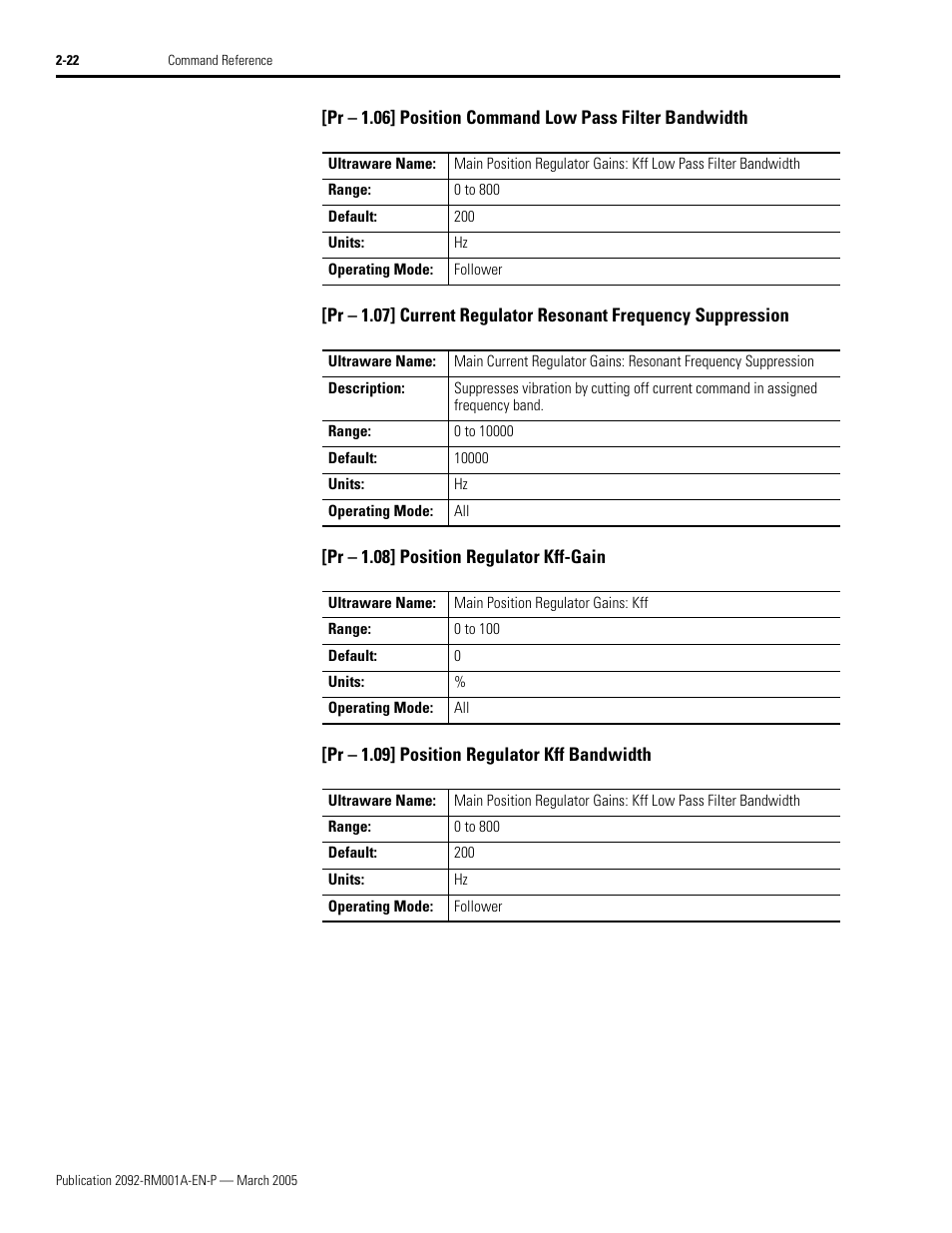 Pr - 1.08] position regulator kff-gain, Pr - 1.09] position regulator kff bandwidth | Rockwell Automation 2092-DAx Ultra1500 Host Commands for Serial Communication Reference Manual User Manual | Page 34 / 70
