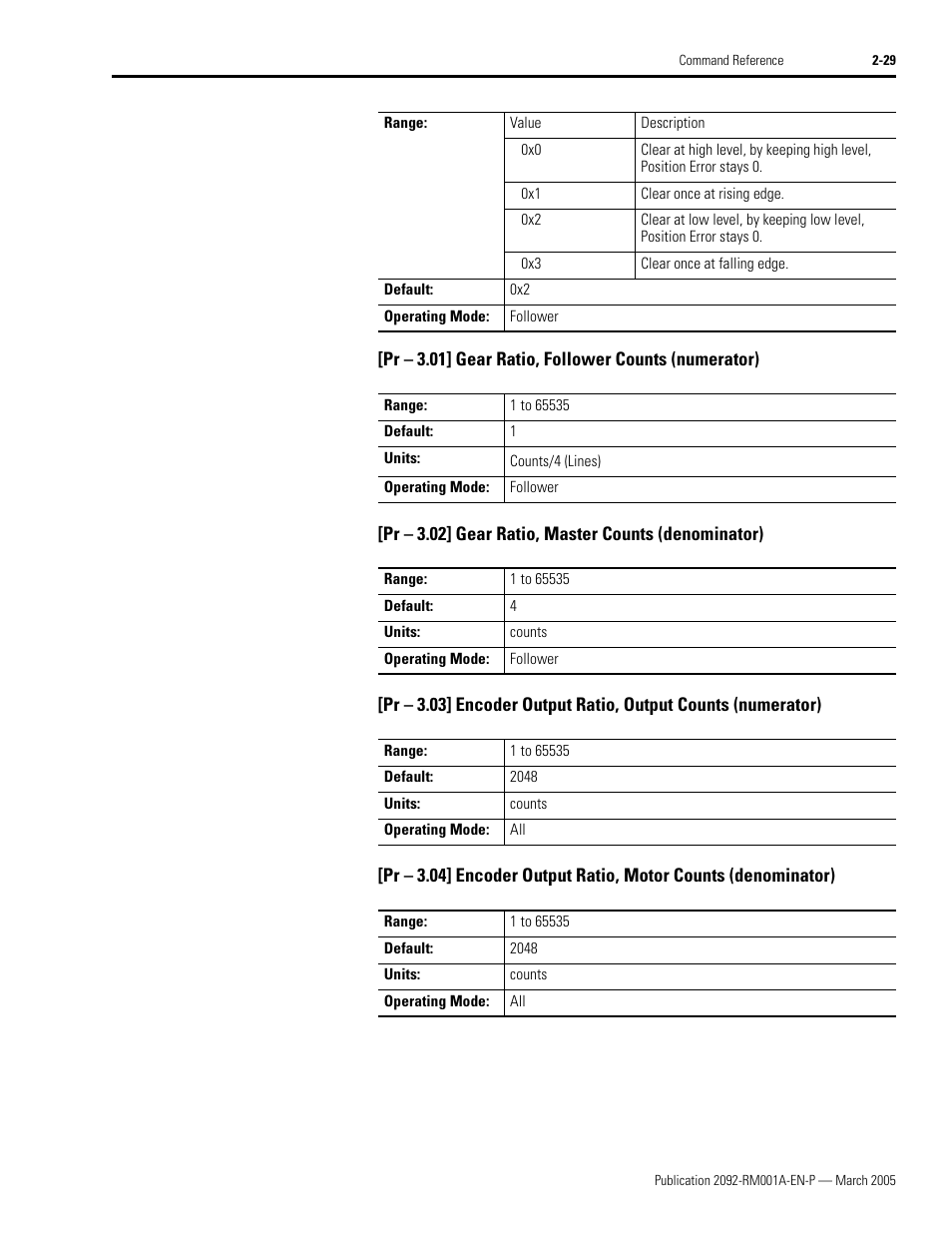 Pr - 3.01] gear ratio, follower counts (numerator), Pr - 3.02] gear ratio, master counts (denominator) | Rockwell Automation 2092-DAx Ultra1500 Host Commands for Serial Communication Reference Manual User Manual | Page 41 / 70