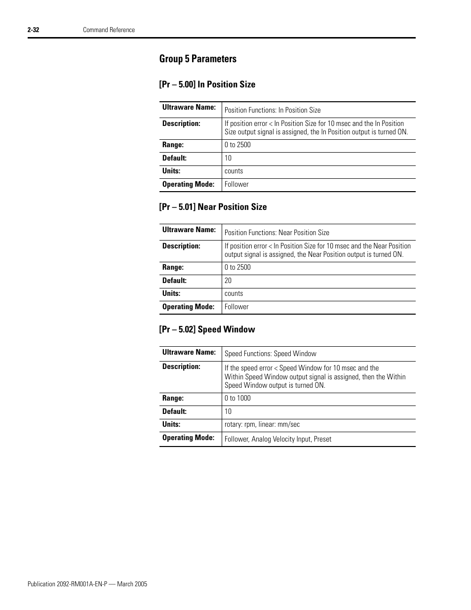 Group 5 parameters, Pr - 5.00] in position size, Pr - 5.01] near position size | Pr - 5.02] speed window, Group 5 parameters -32 | Rockwell Automation 2092-DAx Ultra1500 Host Commands for Serial Communication Reference Manual User Manual | Page 44 / 70