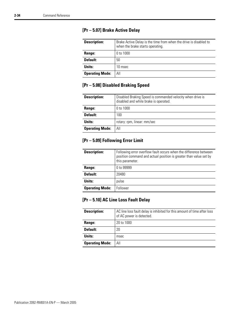 Pr - 5.07] brake active delay, Pr - 5.08] disabled braking speed, Pr - 5.09] following error limit | Pr - 5.10] ac line loss fault delay | Rockwell Automation 2092-DAx Ultra1500 Host Commands for Serial Communication Reference Manual User Manual | Page 46 / 70