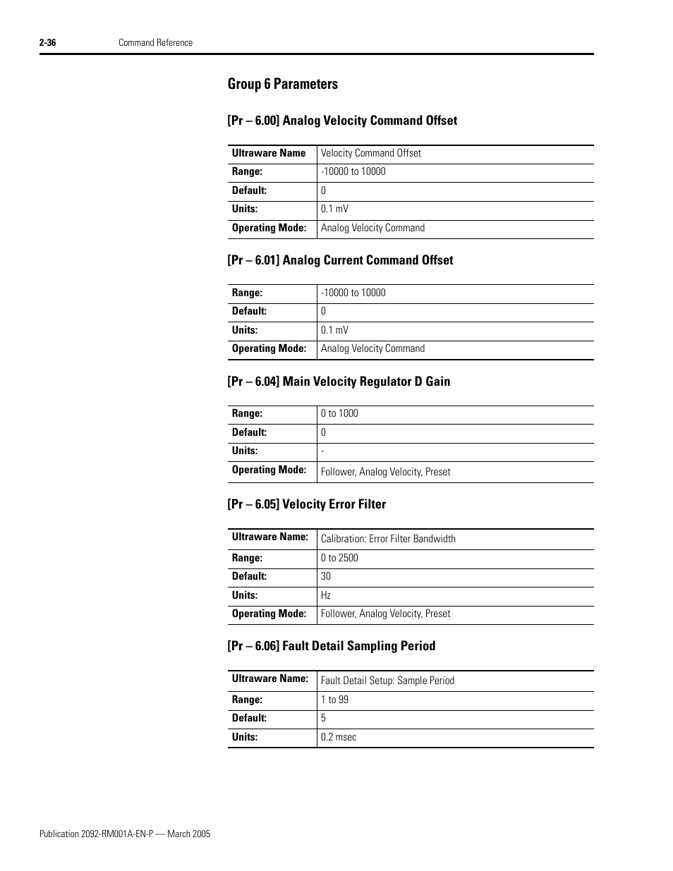Group 6 parameters, Pr - 6.00] analog velocity command offset, Pr - 6.01] analog current command offset | Pr - 6.04] main velocity regulator d gain, Pr - 6.05] velocity error filter, Pr - 6.06] fault detail sampling period, Group 6 parameters -36 | Rockwell Automation 2092-DAx Ultra1500 Host Commands for Serial Communication Reference Manual User Manual | Page 48 / 70