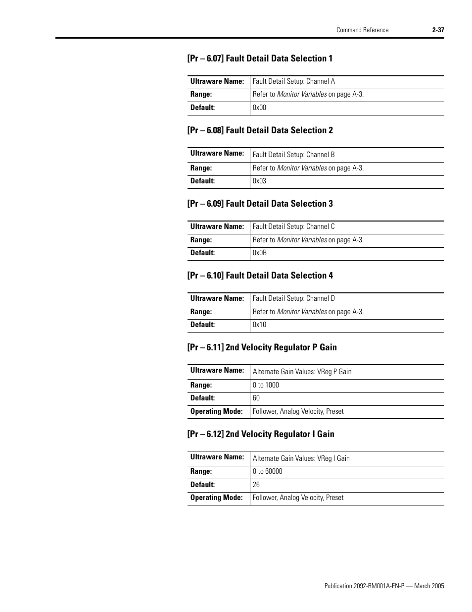 Pr - 6.07] fault detail data selection 1, Pr - 6.08] fault detail data selection 2, Pr - 6.09] fault detail data selection 3 | Pr - 6.10] fault detail data selection 4, Pr - 6.11] 2nd velocity regulator p gain, Pr - 6.12] 2nd velocity regulator i gain | Rockwell Automation 2092-DAx Ultra1500 Host Commands for Serial Communication Reference Manual User Manual | Page 49 / 70