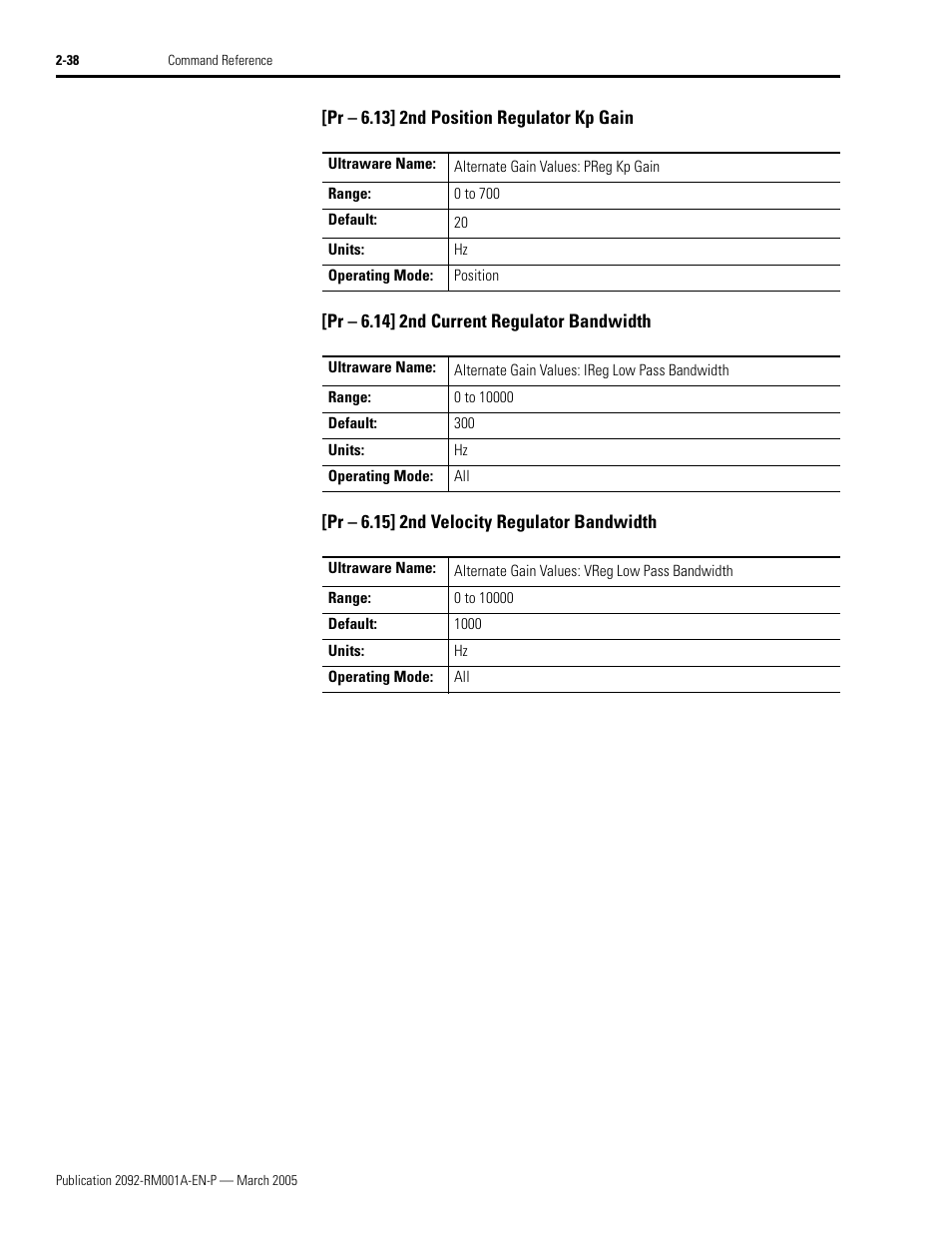 Pr - 6.13] 2nd position regulator kp gain, Pr - 6.14] 2nd current regulator bandwidth, Pr - 6.15] 2nd velocity regulator bandwidth | Rockwell Automation 2092-DAx Ultra1500 Host Commands for Serial Communication Reference Manual User Manual | Page 50 / 70