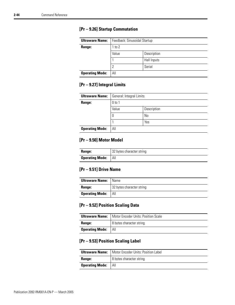 Pr - 9.26] startup commutation, Pr - 9.27] integral limits, Pr - 9.50] motor model | Pr - 9.51] drive name, Pr - 9.52] position scaling data, Pr - 9.53] position scaling label | Rockwell Automation 2092-DAx Ultra1500 Host Commands for Serial Communication Reference Manual User Manual | Page 56 / 70