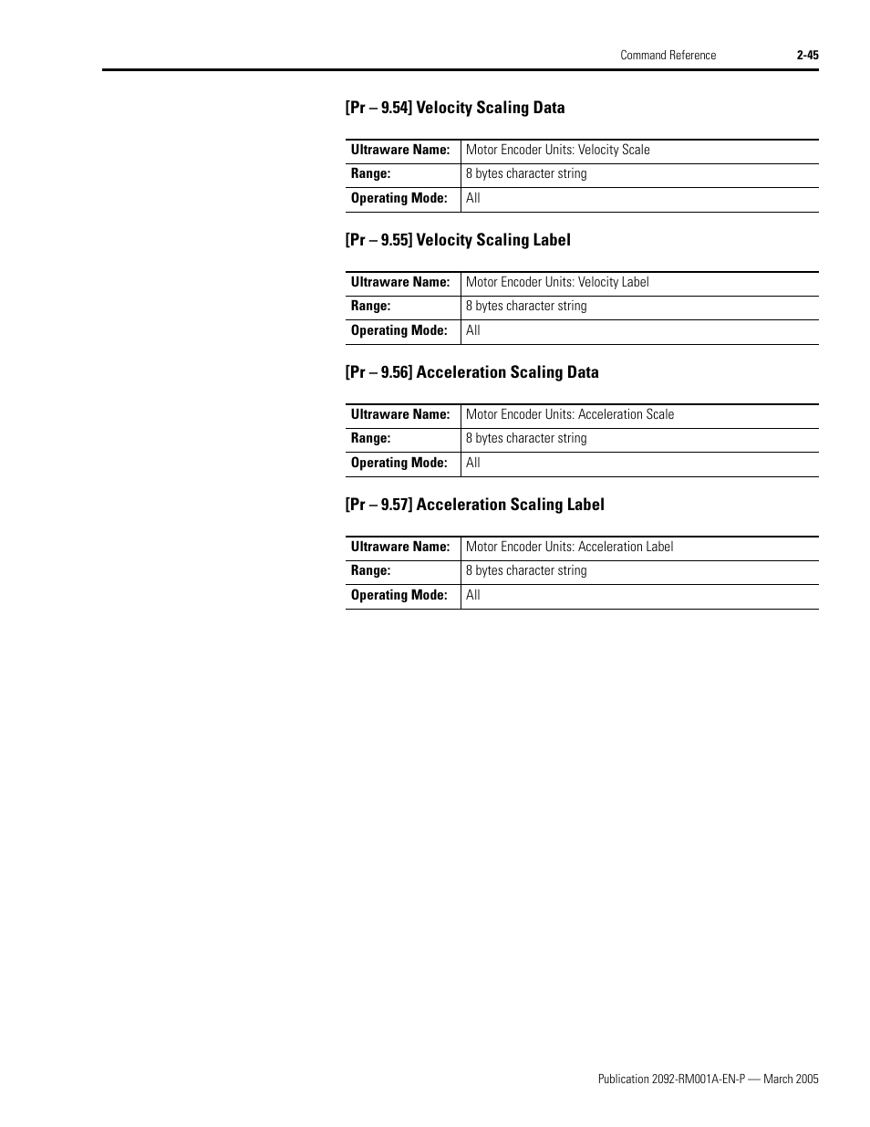 Pr - 9.54] velocity scaling data, Pr - 9.55] velocity scaling label, Pr - 9.56] acceleration scaling data | Pr - 9.57] acceleration scaling label | Rockwell Automation 2092-DAx Ultra1500 Host Commands for Serial Communication Reference Manual User Manual | Page 57 / 70