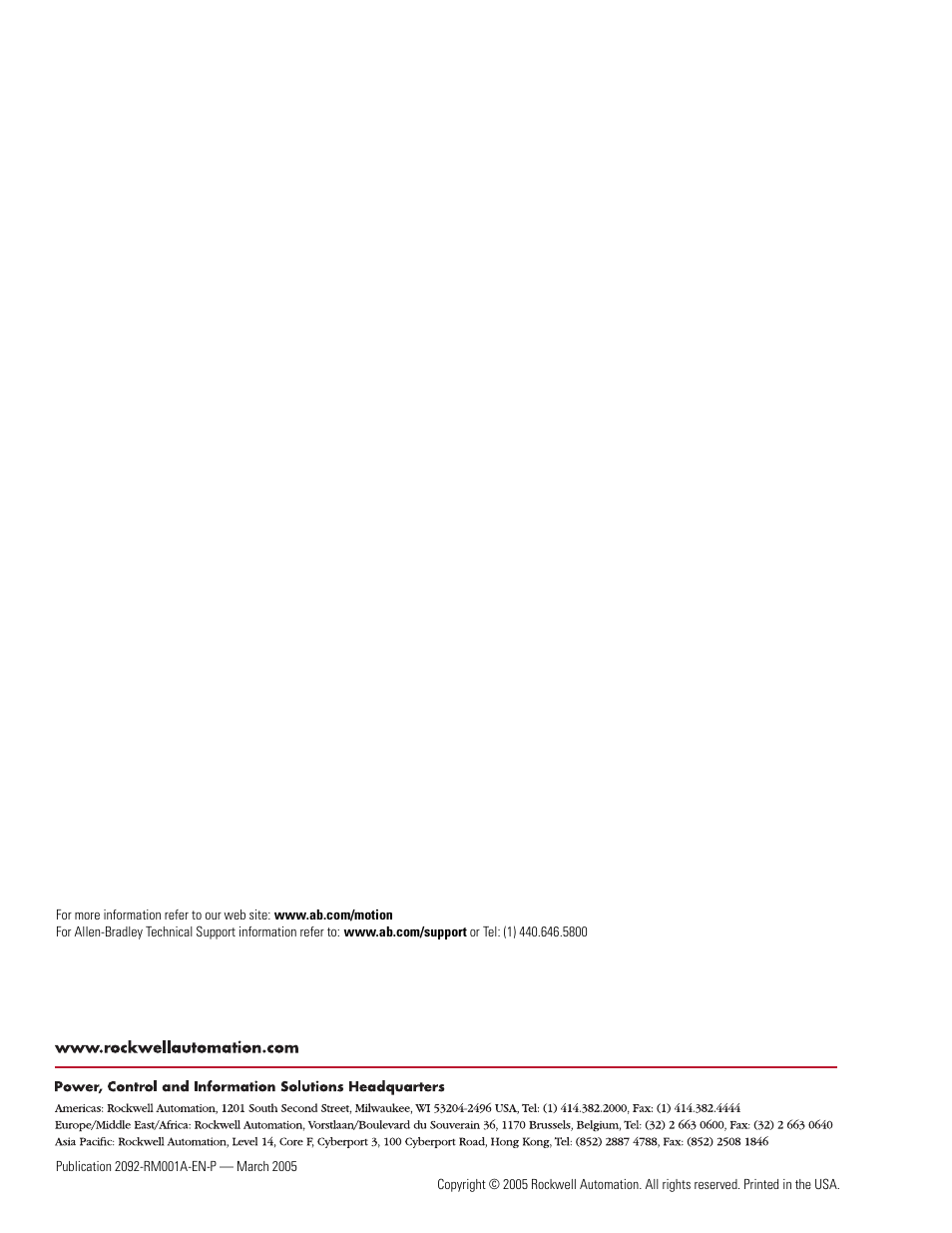 Web sites, Integrated motion control, Literature library | Rockwell automation - home, Technical support | Rockwell Automation 2092-DAx Ultra1500 Host Commands for Serial Communication Reference Manual User Manual | Page 70 / 70