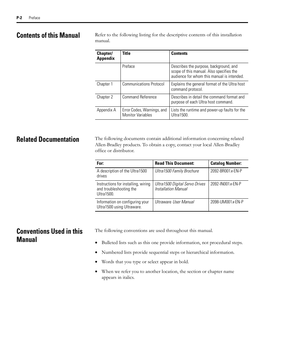 Contents of this manual, Related documentation, Conventions used in this manual | Rockwell Automation 2092-DAx Ultra1500 Host Commands for Serial Communication Reference Manual User Manual | Page 8 / 70