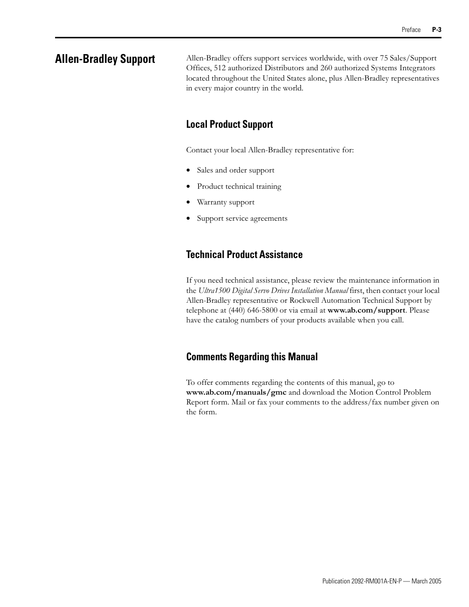 Allen-bradley support, Local product support, Technical product assistance | Comments regarding this manual | Rockwell Automation 2092-DAx Ultra1500 Host Commands for Serial Communication Reference Manual User Manual | Page 9 / 70