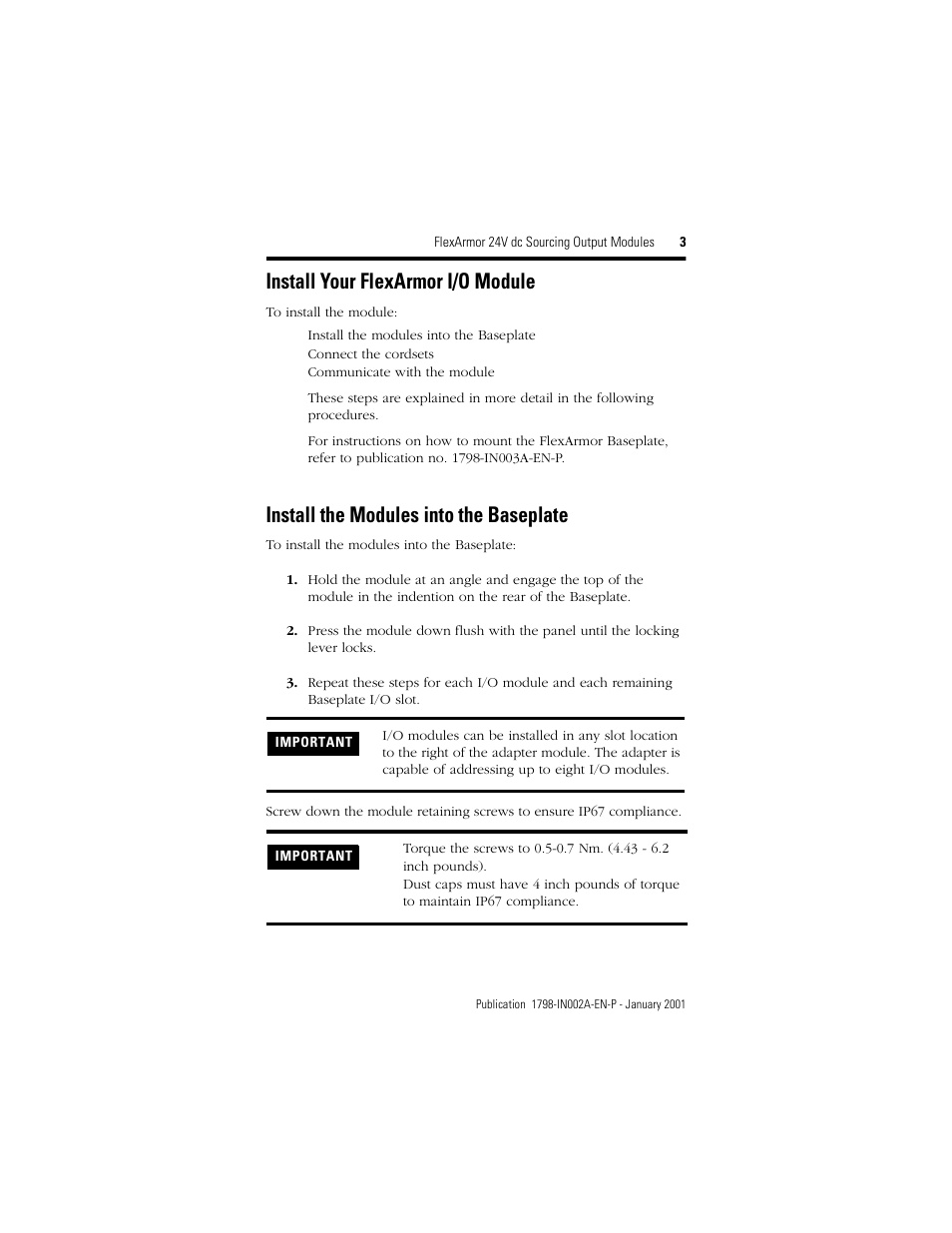 Install your flexarmor i/o module, Install the modules into the baseplate | Rockwell Automation 1798-OB8E FlexArmor 24V dc Sourcing Output Modules User Manual | Page 3 / 12