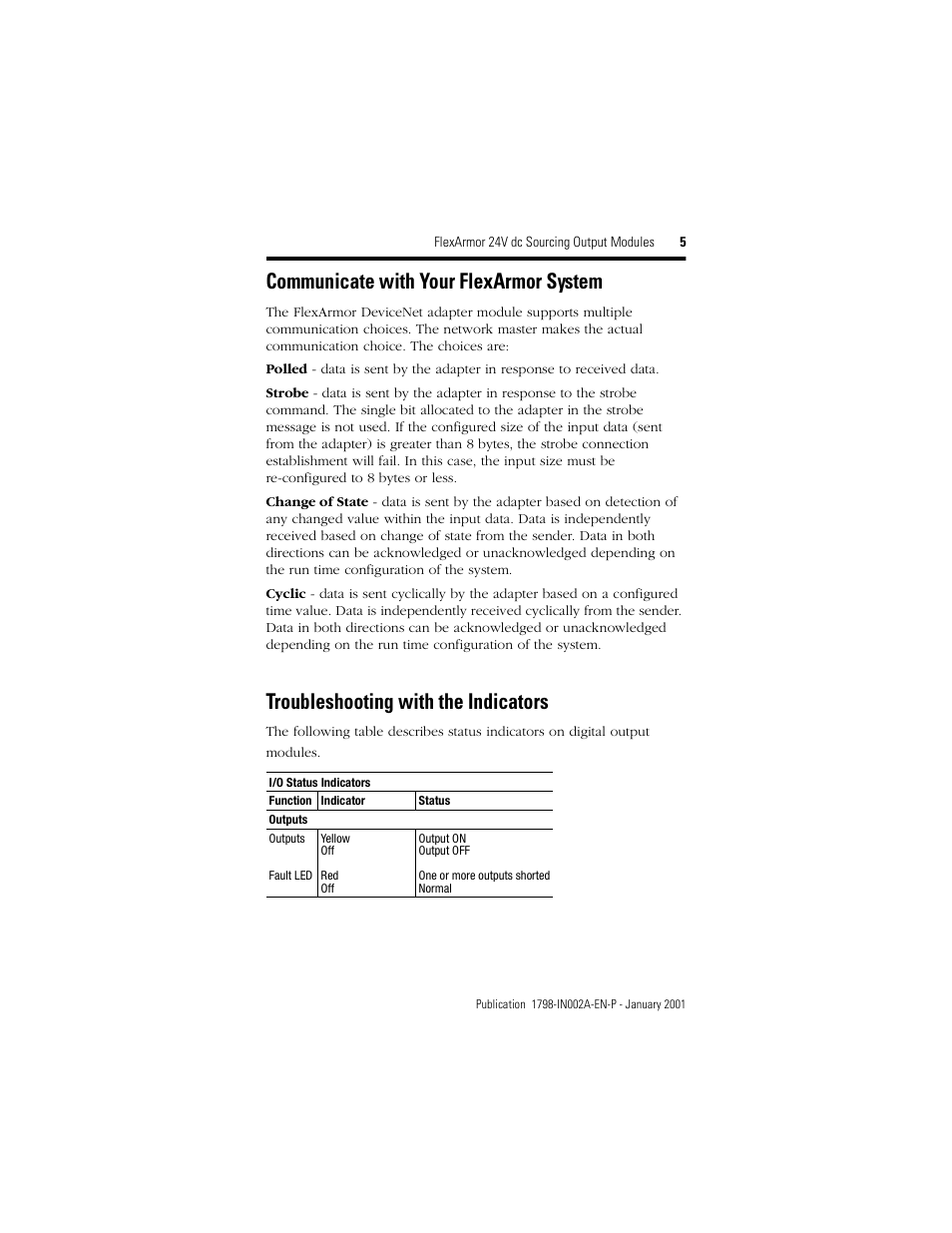 Communicate with your flexarmor system, Troubleshooting with the indicators | Rockwell Automation 1798-OB8E FlexArmor 24V dc Sourcing Output Modules User Manual | Page 5 / 12