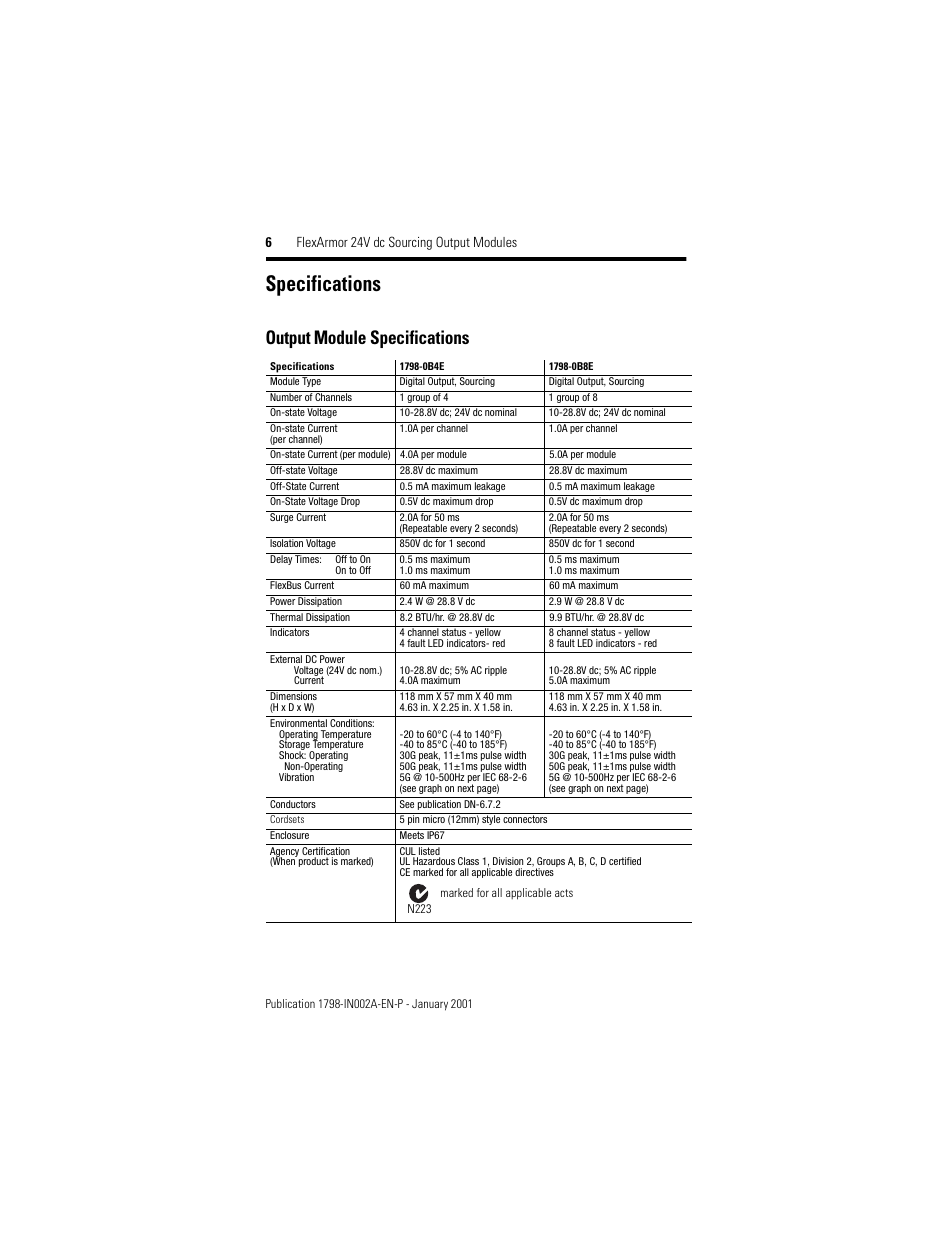 Specifications, Output module specifications, 6 flexarmor 24v dc sourcing output modules | Rockwell Automation 1798-OB8E FlexArmor 24V dc Sourcing Output Modules User Manual | Page 6 / 12
