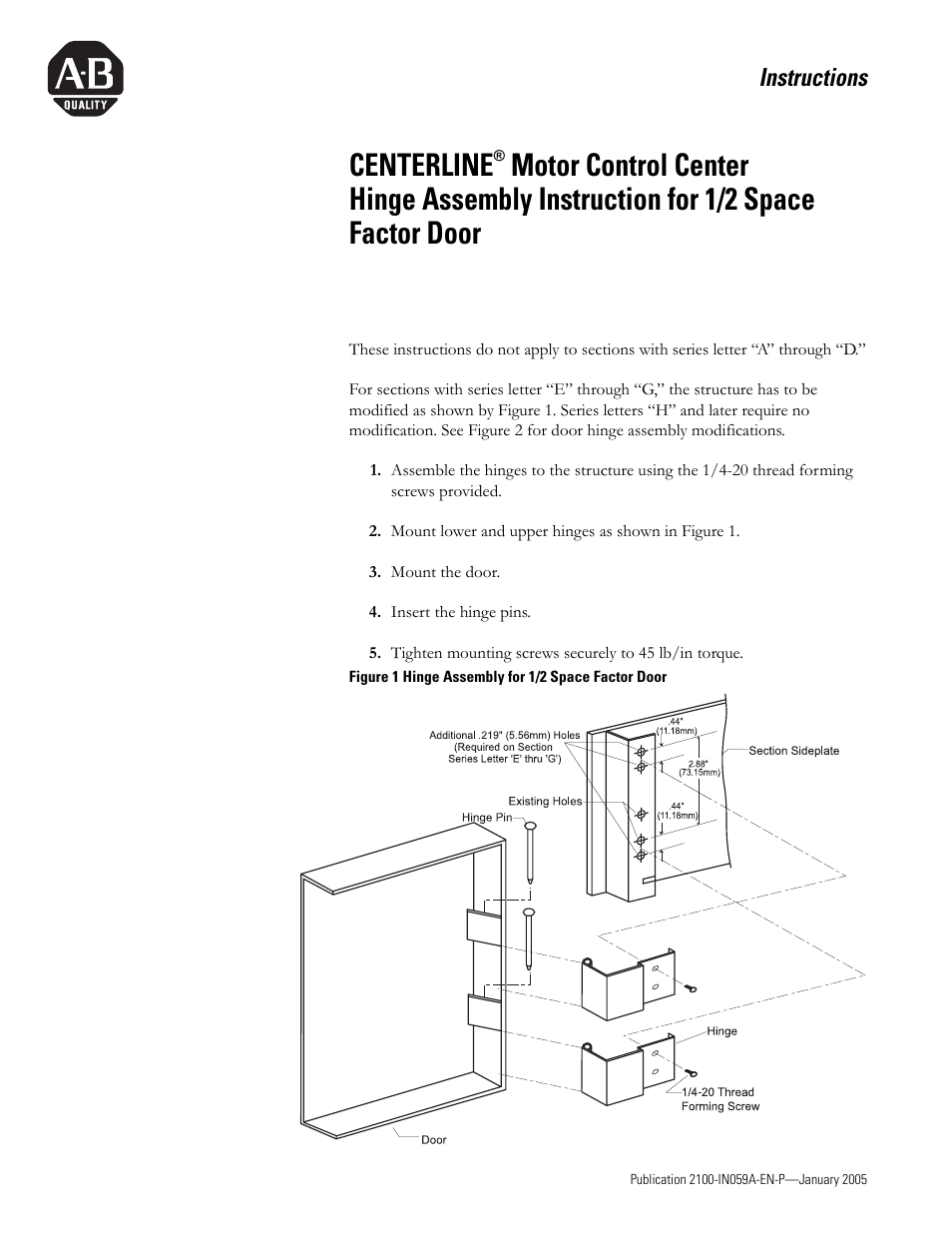 Rockwell Automation CENTERLINE MCC Hinge Assembly Instruction for 1/2 Space Factor User Manual | 2 pages