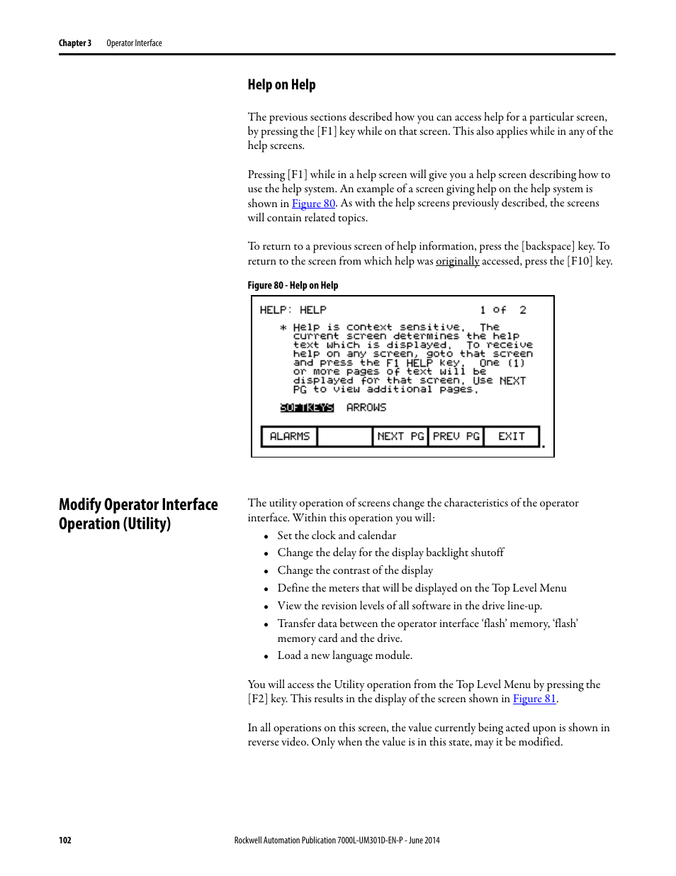 Help on help, Modify operator interface operation (utility) | Rockwell Automation 7000L PowerFlex Medium Voltage AC Drive (C-Frame) - ForGe Control User Manual | Page 102 / 432