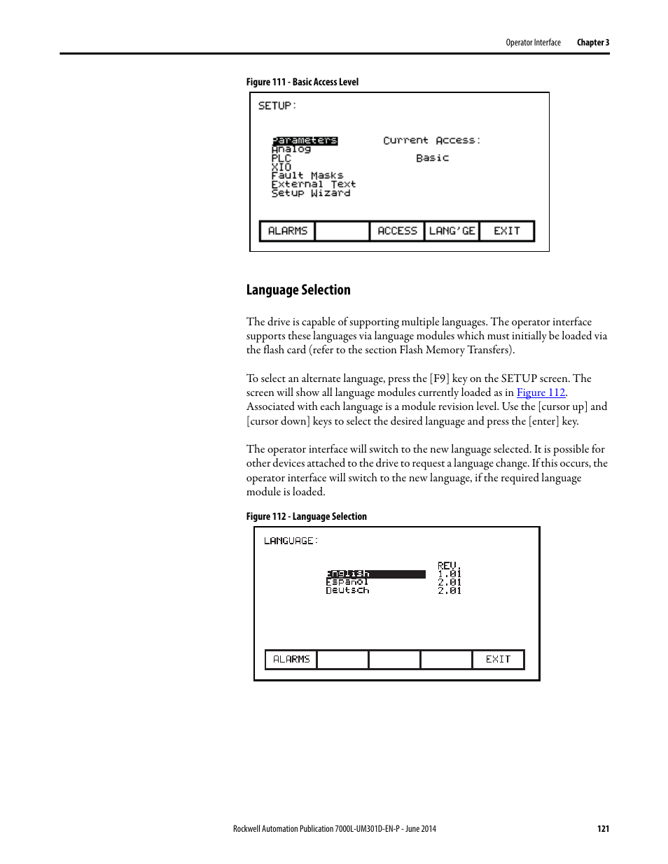 Language selection, Figure 111 | Rockwell Automation 7000L PowerFlex Medium Voltage AC Drive (C-Frame) - ForGe Control User Manual | Page 121 / 432