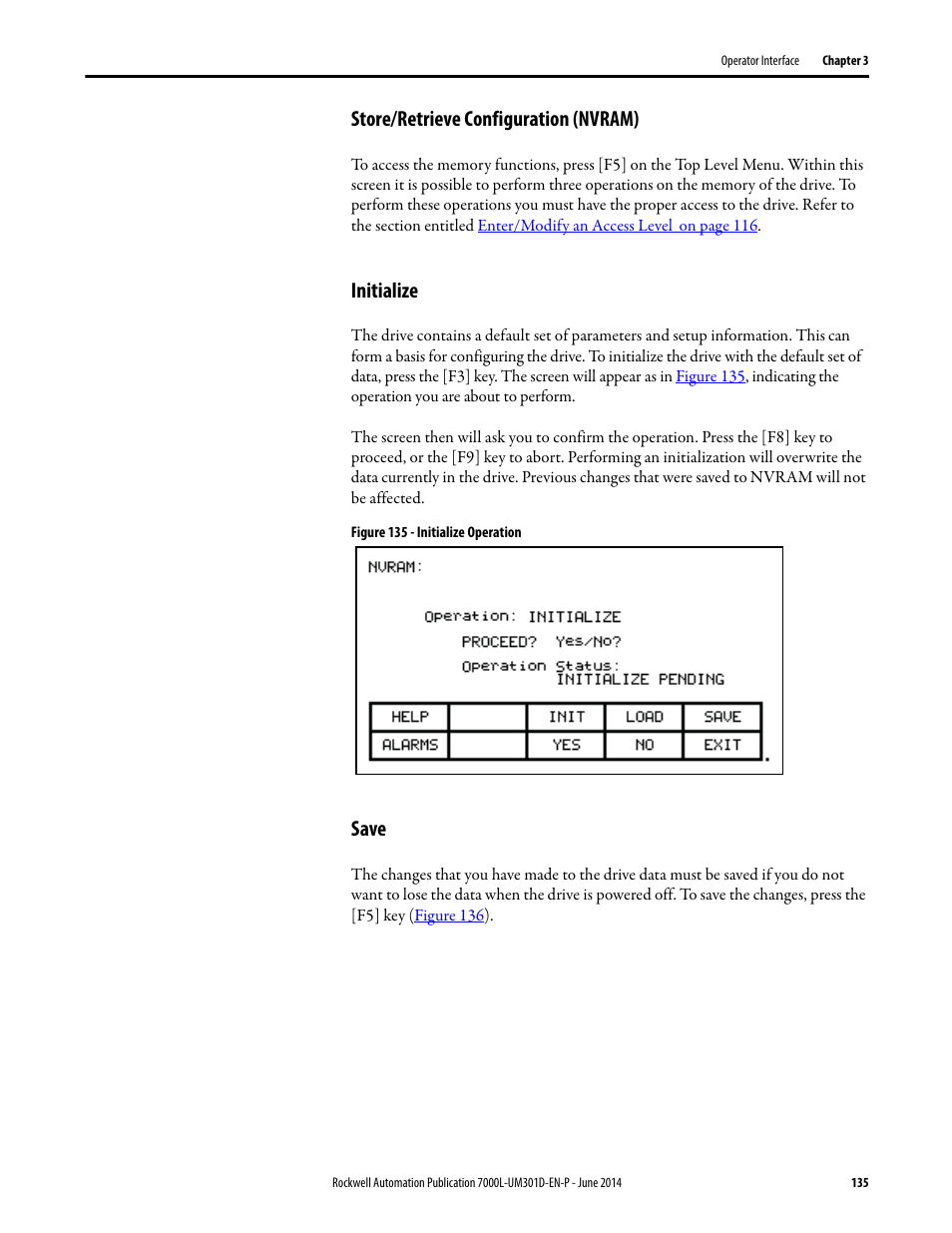 Store/retrieve configuration (nvram), Initialize, Save | Store/retrieve configuration | Rockwell Automation 7000L PowerFlex Medium Voltage AC Drive (C-Frame) - ForGe Control User Manual | Page 135 / 432