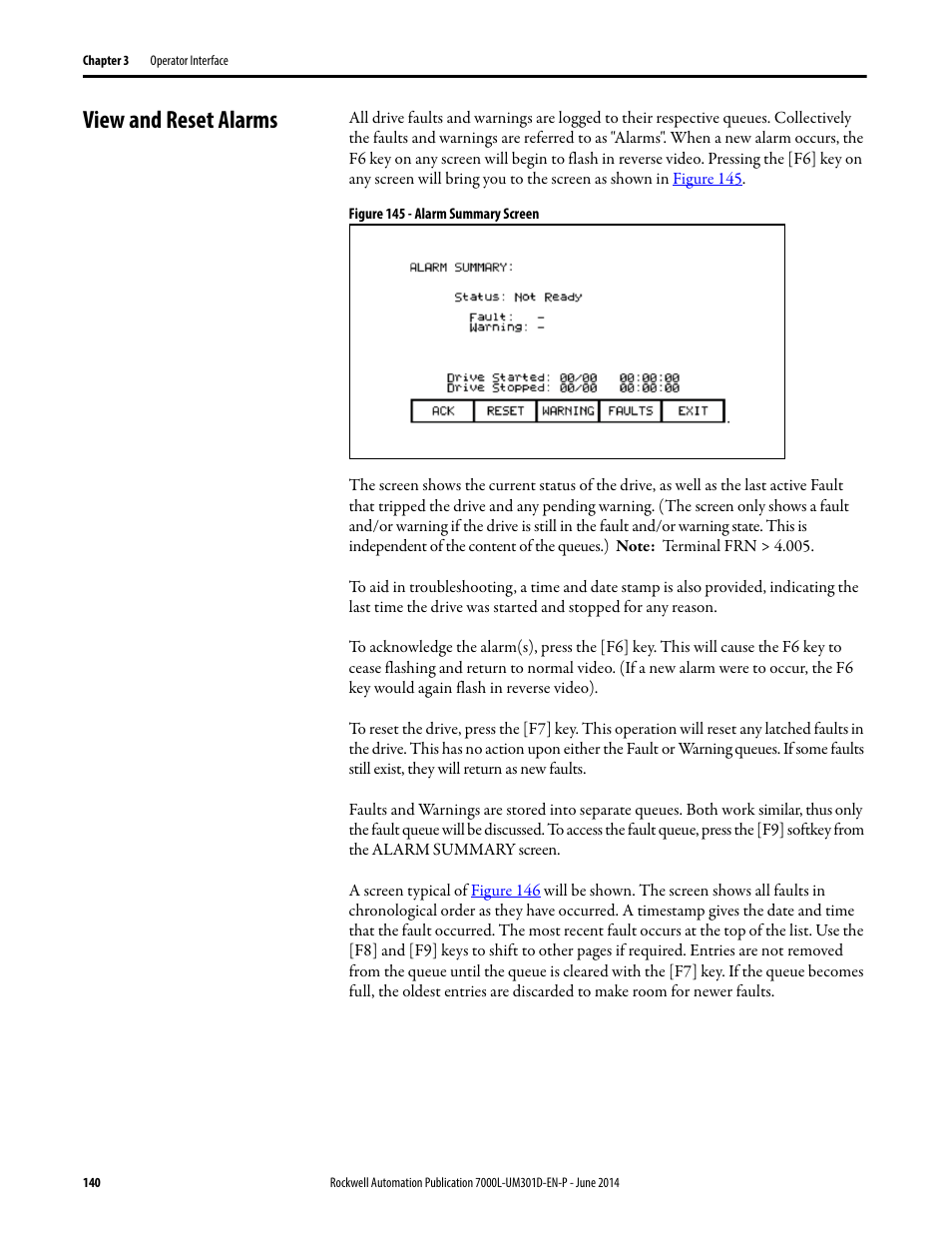 View and reset alarms | Rockwell Automation 7000L PowerFlex Medium Voltage AC Drive (C-Frame) - ForGe Control User Manual | Page 140 / 432