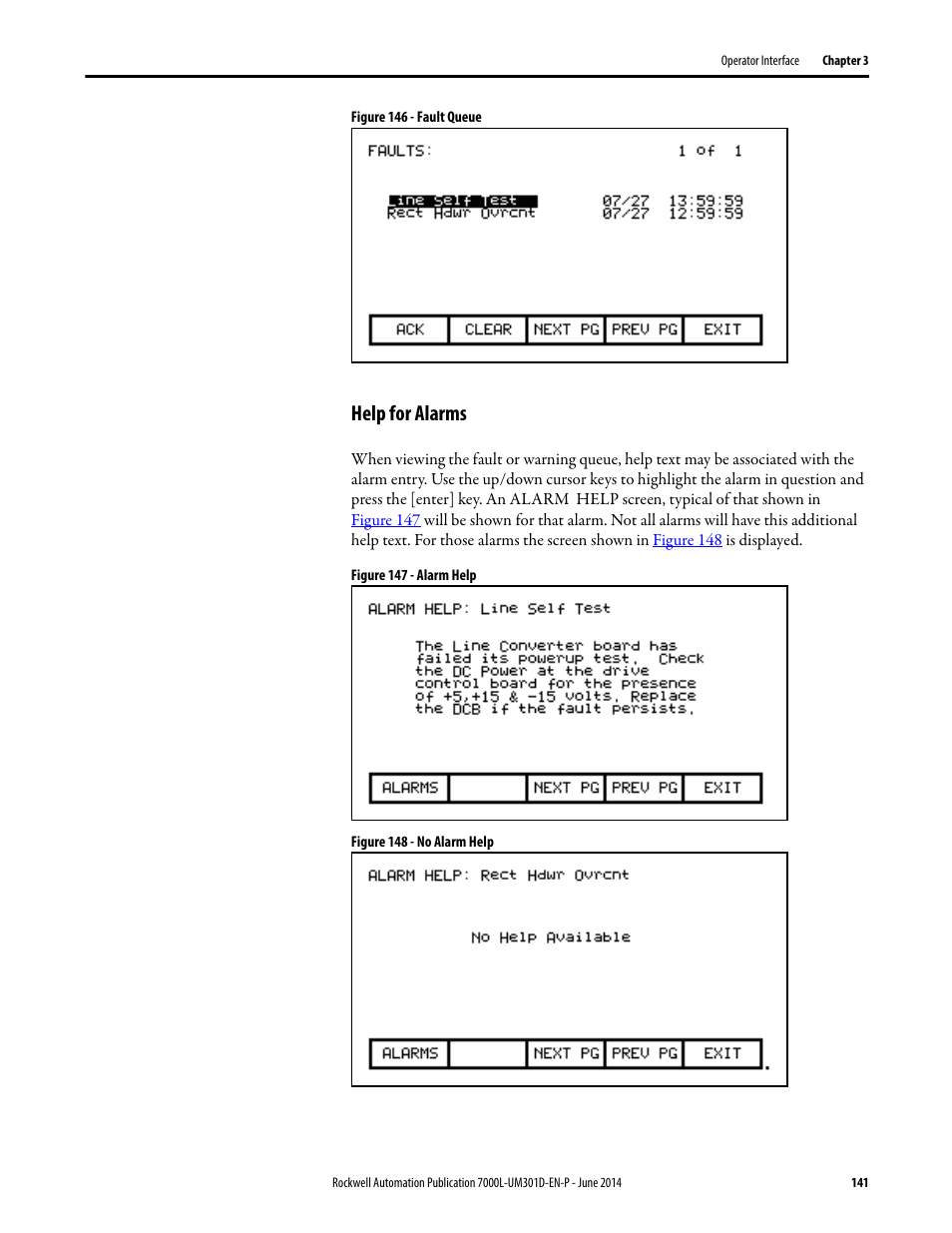 Help for alarms, Figure 146 | Rockwell Automation 7000L PowerFlex Medium Voltage AC Drive (C-Frame) - ForGe Control User Manual | Page 141 / 432