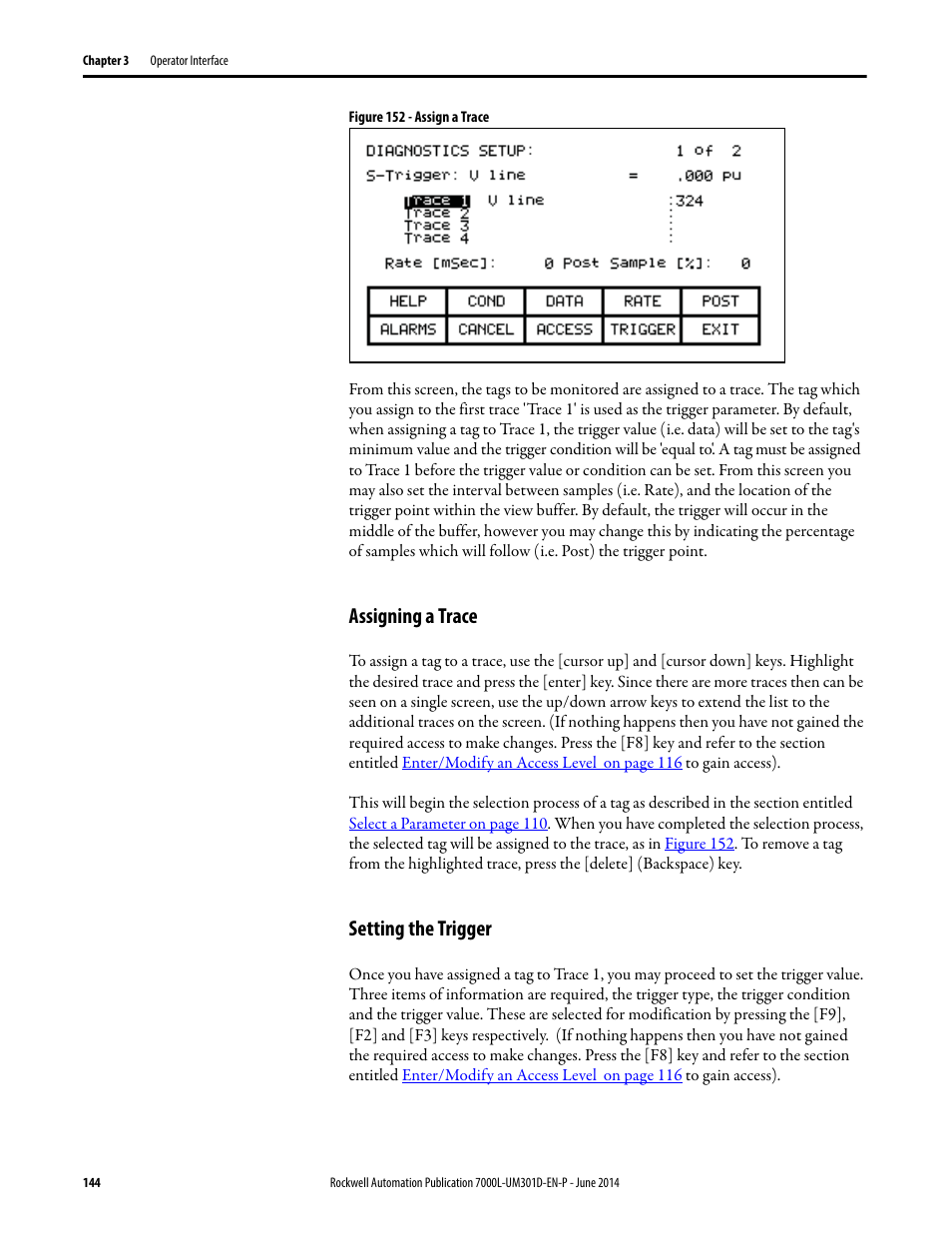 Assigning a trace, Setting the trigger, Assigning a trace setting the trigger | Rockwell Automation 7000L PowerFlex Medium Voltage AC Drive (C-Frame) - ForGe Control User Manual | Page 144 / 432