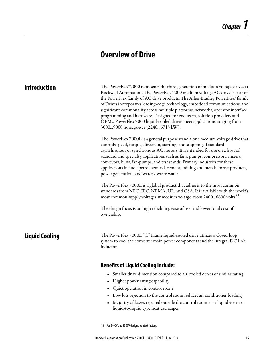 1 - overview of drive, Introduction, Liquid cooling | Benefits of liquid cooling include, Chapter 1, Overview of drive, Introduction liquid cooling, Chapter | Rockwell Automation 7000L PowerFlex Medium Voltage AC Drive (C-Frame) - ForGe Control User Manual | Page 15 / 432