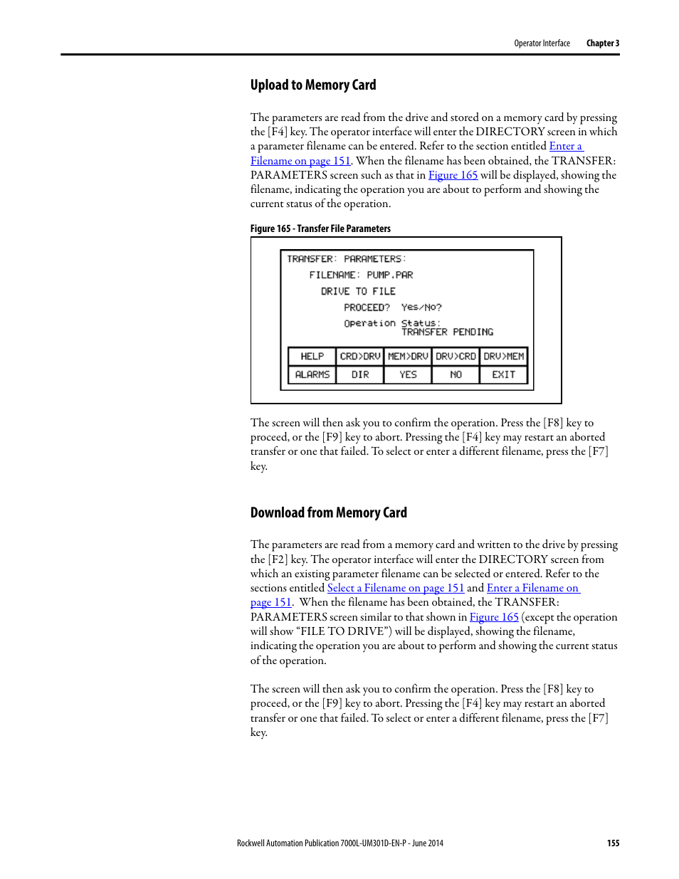 Upload to memory card, Download from memory card, Upload to memory card download from memory card | Rockwell Automation 7000L PowerFlex Medium Voltage AC Drive (C-Frame) - ForGe Control User Manual | Page 155 / 432