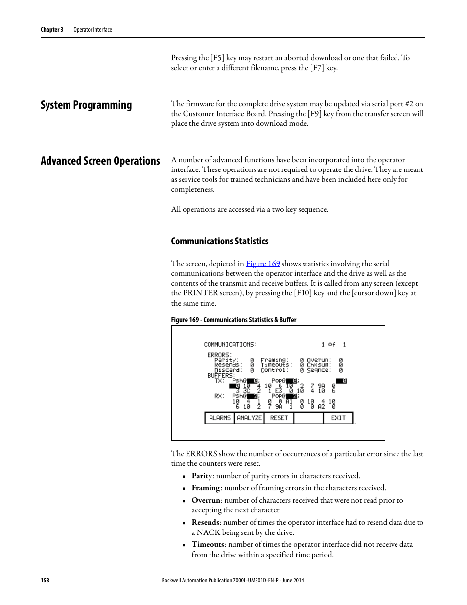 System programming, Advanced screen operations, Communications statistics | System programming advanced screen operations | Rockwell Automation 7000L PowerFlex Medium Voltage AC Drive (C-Frame) - ForGe Control User Manual | Page 158 / 432