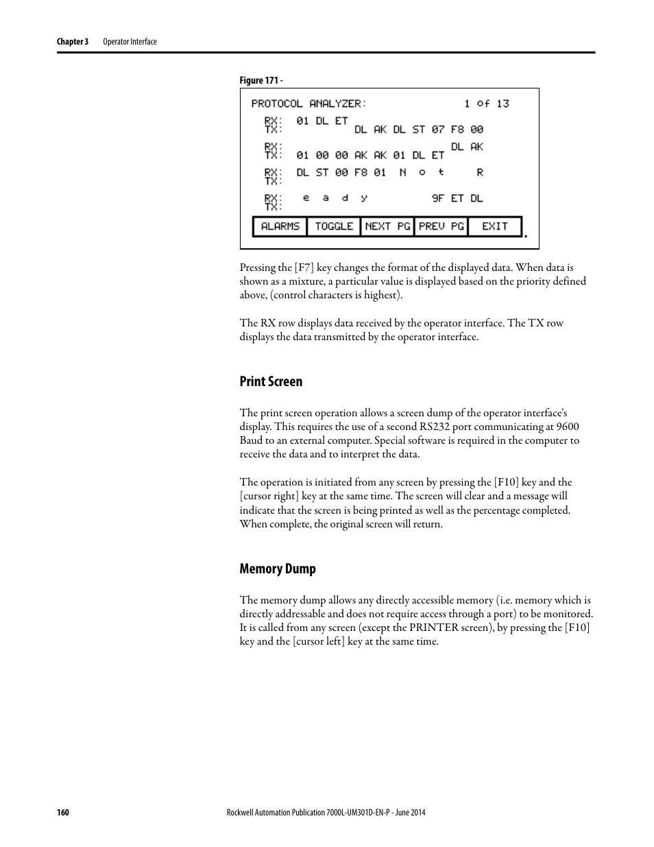 Print screen, Memory dump, Print screen memory dump | Rockwell Automation 7000L PowerFlex Medium Voltage AC Drive (C-Frame) - ForGe Control User Manual | Page 160 / 432