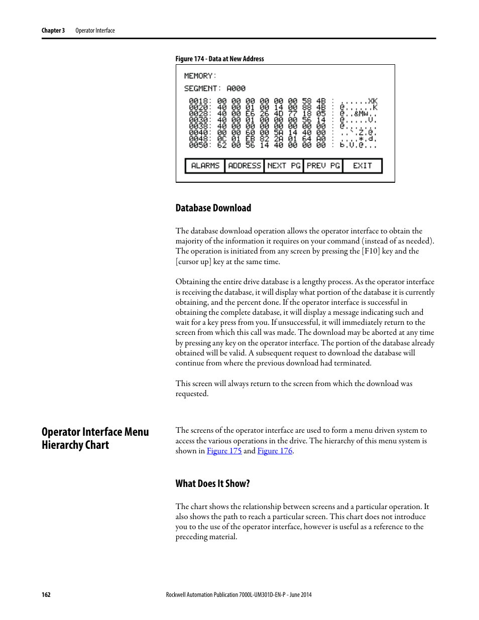 Database download, Operator interface menu hierarchy chart, What does it show | R to, Figure 174 | Rockwell Automation 7000L PowerFlex Medium Voltage AC Drive (C-Frame) - ForGe Control User Manual | Page 162 / 432