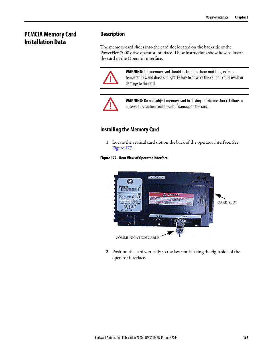 Pcmcia memory card installation data, Description, Installing the memory card | Description installing the memory card | Rockwell Automation 7000L PowerFlex Medium Voltage AC Drive (C-Frame) - ForGe Control User Manual | Page 167 / 432