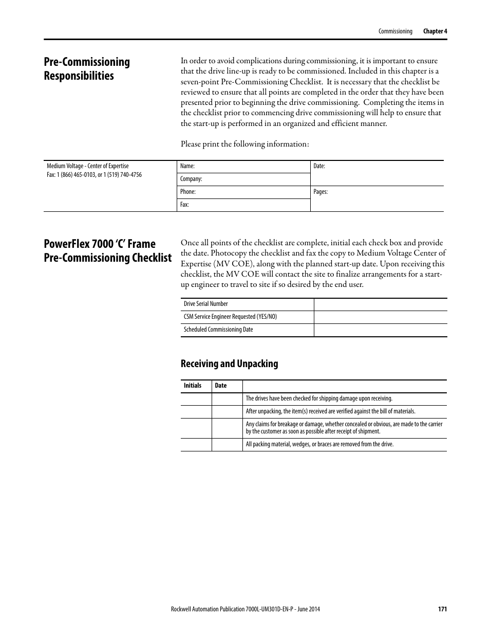 Pre-commissioning responsibilities, Receiving and unpacking | Rockwell Automation 7000L PowerFlex Medium Voltage AC Drive (C-Frame) - ForGe Control User Manual | Page 171 / 432