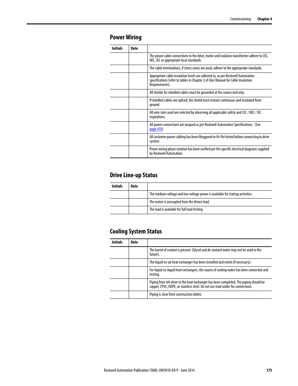 Power wiring, Drive line-up status, Cooling system status | Rockwell Automation 7000L PowerFlex Medium Voltage AC Drive (C-Frame) - ForGe Control User Manual | Page 173 / 432