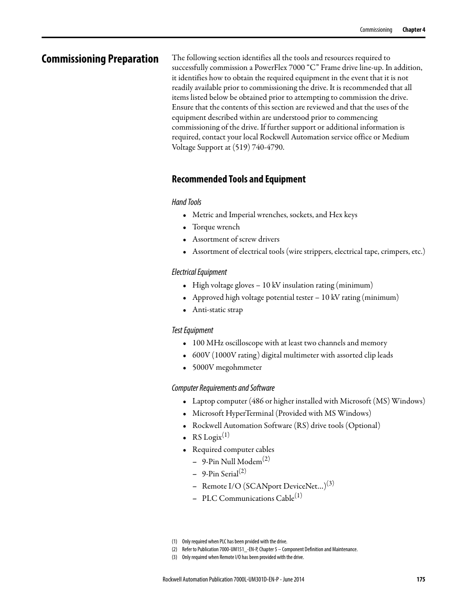 Commissioning preparation, Recommended tools and equipment | Rockwell Automation 7000L PowerFlex Medium Voltage AC Drive (C-Frame) - ForGe Control User Manual | Page 175 / 432