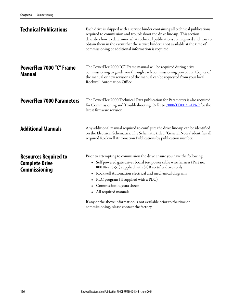 Technical publications, Powerflex 7000 “c” frame manual, Powerflex 7000 parameters | Additional manuals, Resources required to complete drive commissioning | Rockwell Automation 7000L PowerFlex Medium Voltage AC Drive (C-Frame) - ForGe Control User Manual | Page 176 / 432