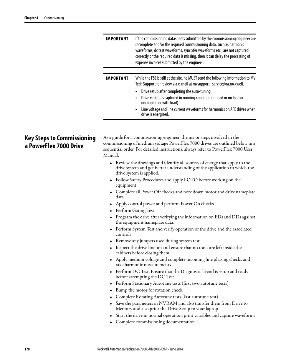 Key steps to commissioning a powerflex 7000 drive | Rockwell Automation 7000L PowerFlex Medium Voltage AC Drive (C-Frame) - ForGe Control User Manual | Page 178 / 432