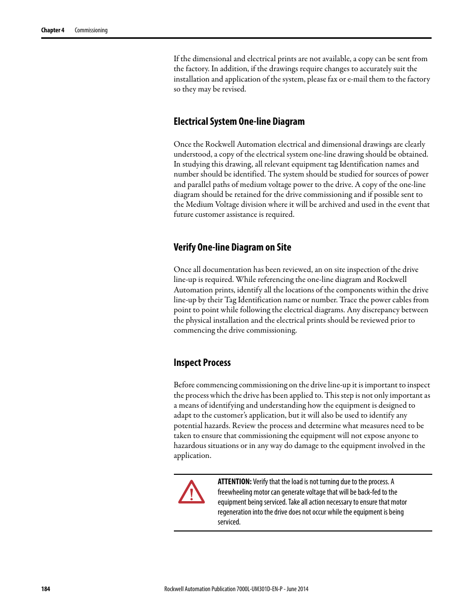 Electrical system one-line diagram, Verify one-line diagram on site, Inspect process | Rockwell Automation 7000L PowerFlex Medium Voltage AC Drive (C-Frame) - ForGe Control User Manual | Page 184 / 432