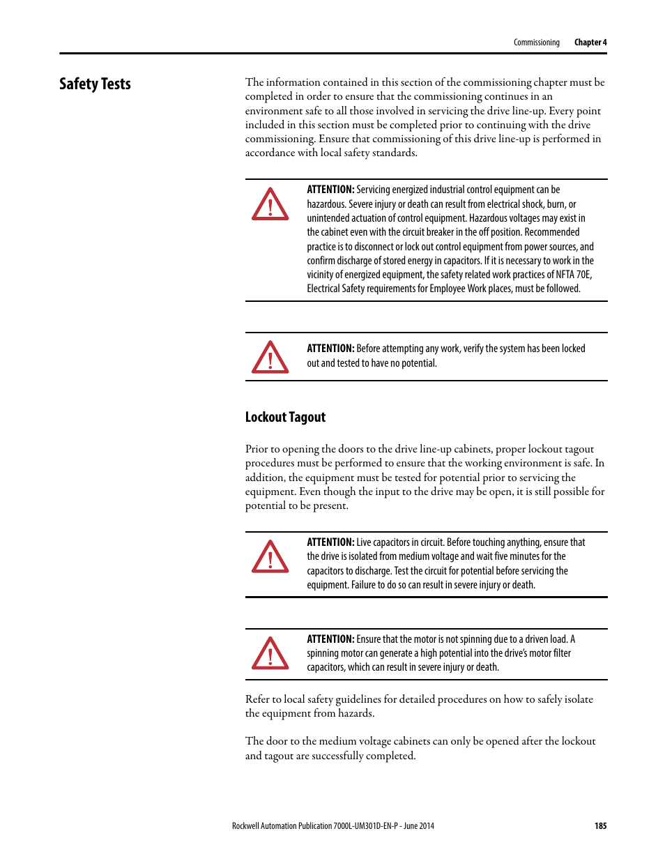 Safety tests, Lockout tagout | Rockwell Automation 7000L PowerFlex Medium Voltage AC Drive (C-Frame) - ForGe Control User Manual | Page 185 / 432