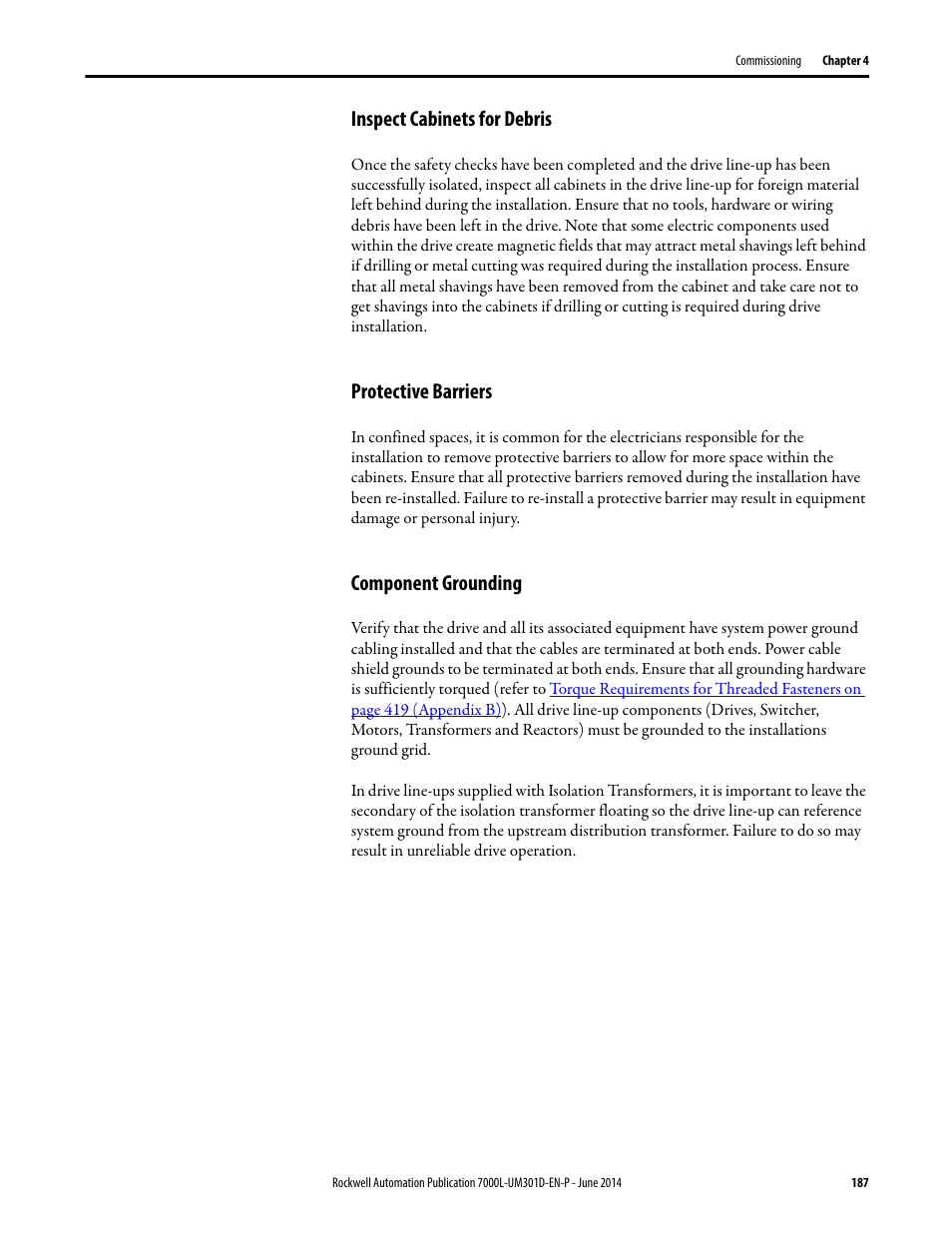 Inspect cabinets for debris, Protective barriers, Component grounding | Rockwell Automation 7000L PowerFlex Medium Voltage AC Drive (C-Frame) - ForGe Control User Manual | Page 187 / 432