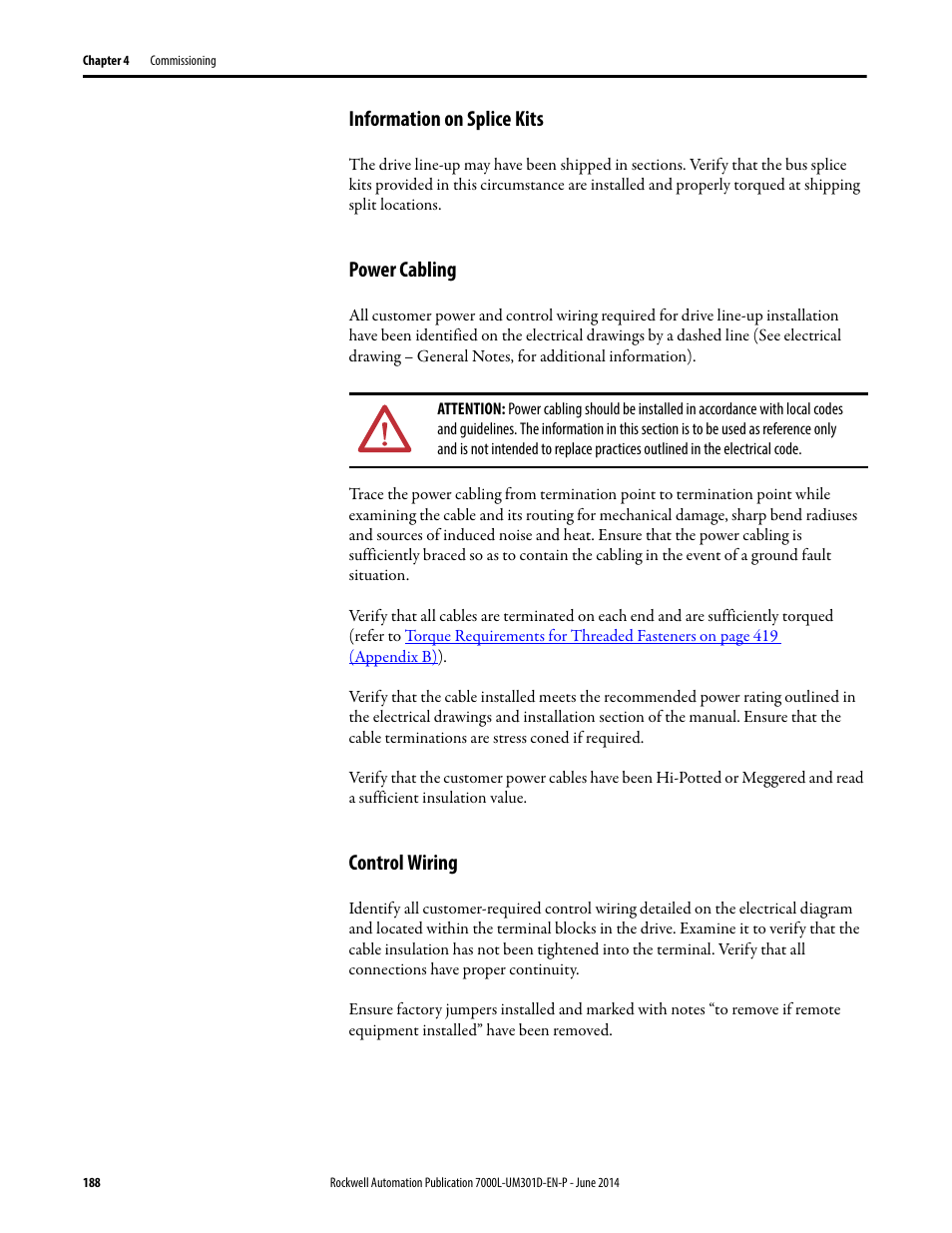 Information on splice kits, Power cabling, Control wiring | Rockwell Automation 7000L PowerFlex Medium Voltage AC Drive (C-Frame) - ForGe Control User Manual | Page 188 / 432