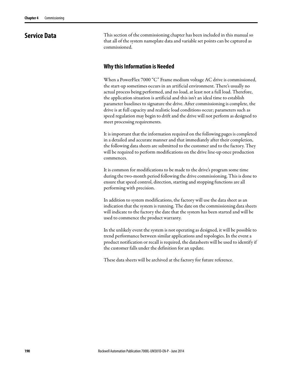 Service data, Why this information is needed | Rockwell Automation 7000L PowerFlex Medium Voltage AC Drive (C-Frame) - ForGe Control User Manual | Page 190 / 432