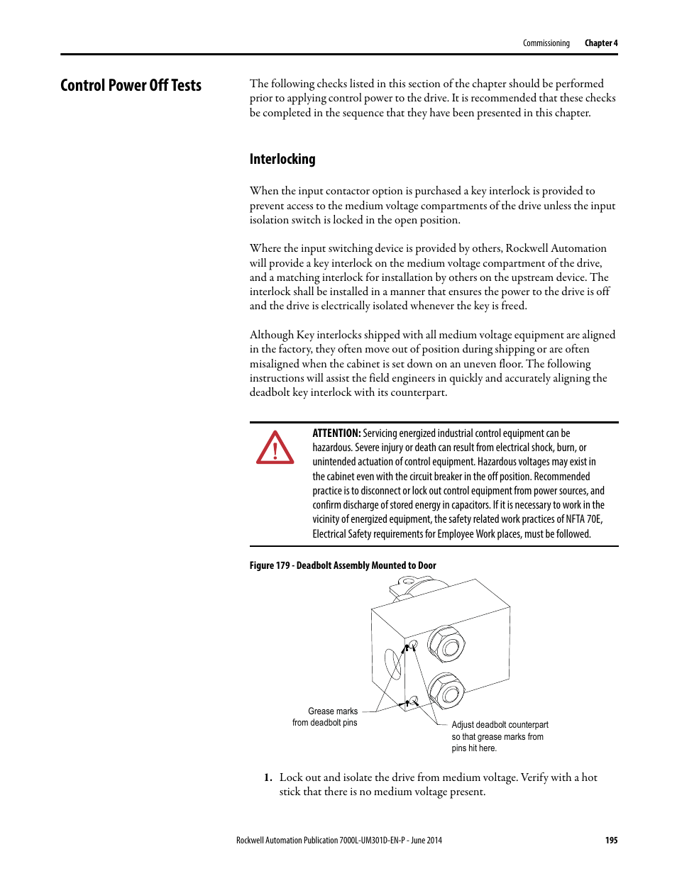 Control power off tests, Interlocking | Rockwell Automation 7000L PowerFlex Medium Voltage AC Drive (C-Frame) - ForGe Control User Manual | Page 195 / 432