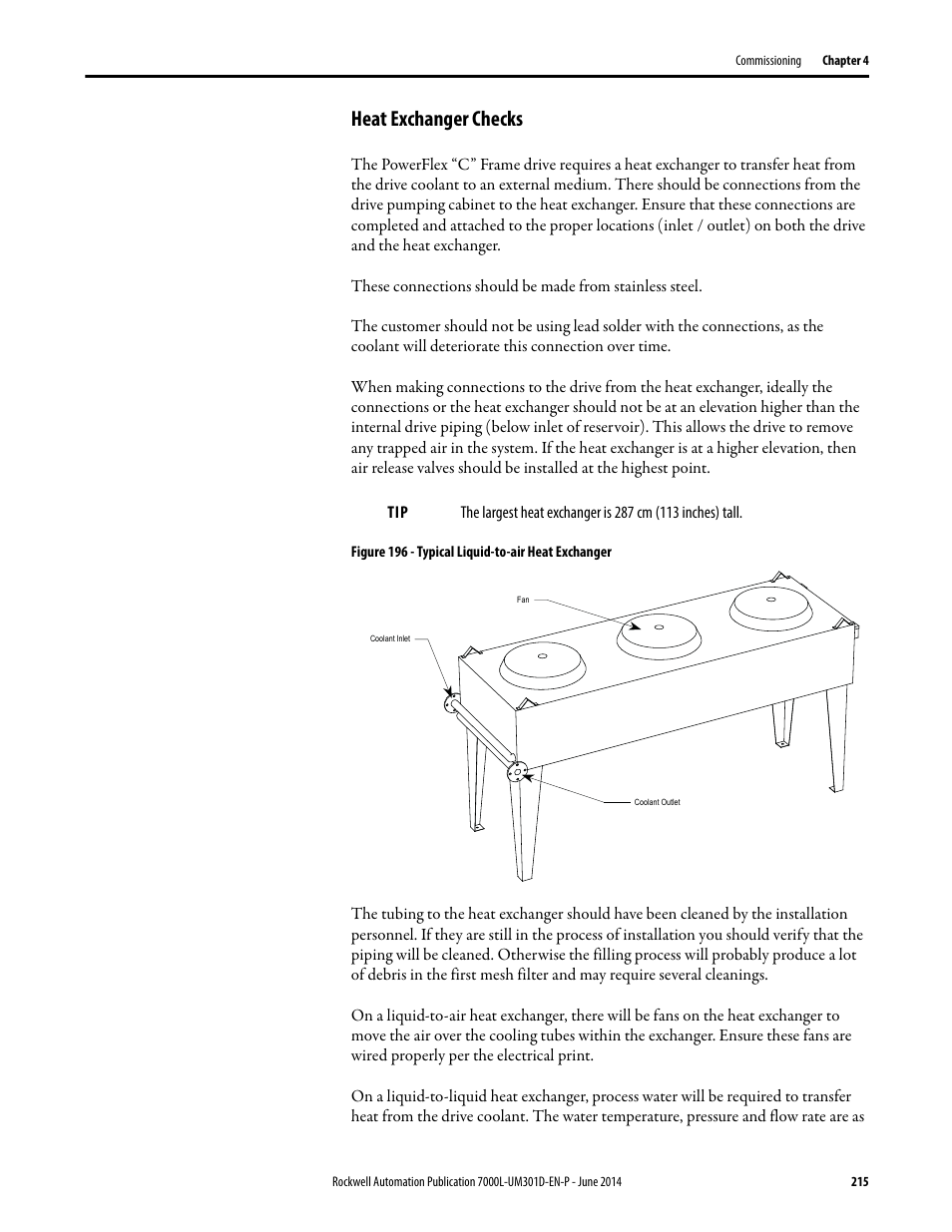 Heat exchanger checks | Rockwell Automation 7000L PowerFlex Medium Voltage AC Drive (C-Frame) - ForGe Control User Manual | Page 215 / 432