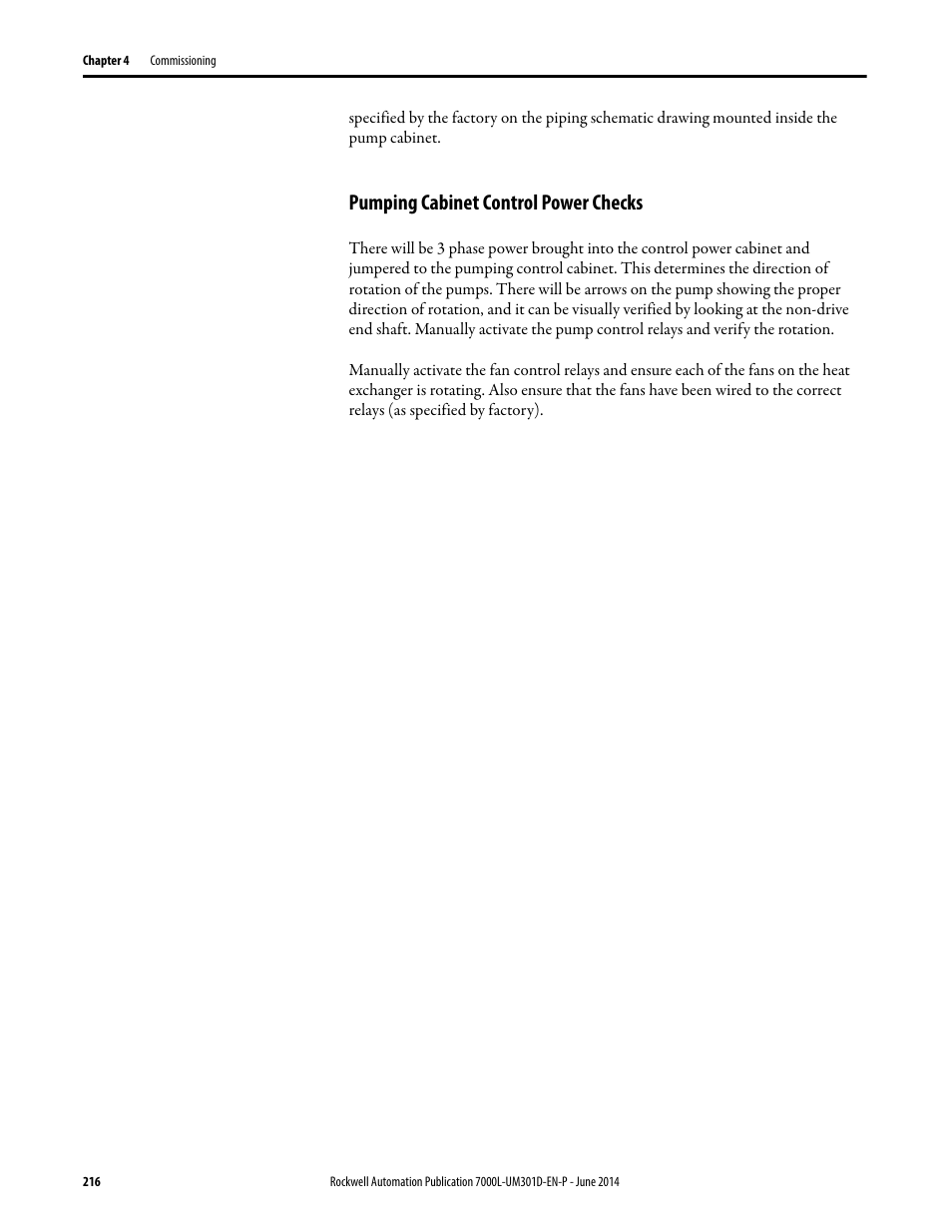 Pumping cabinet control power checks | Rockwell Automation 7000L PowerFlex Medium Voltage AC Drive (C-Frame) - ForGe Control User Manual | Page 216 / 432