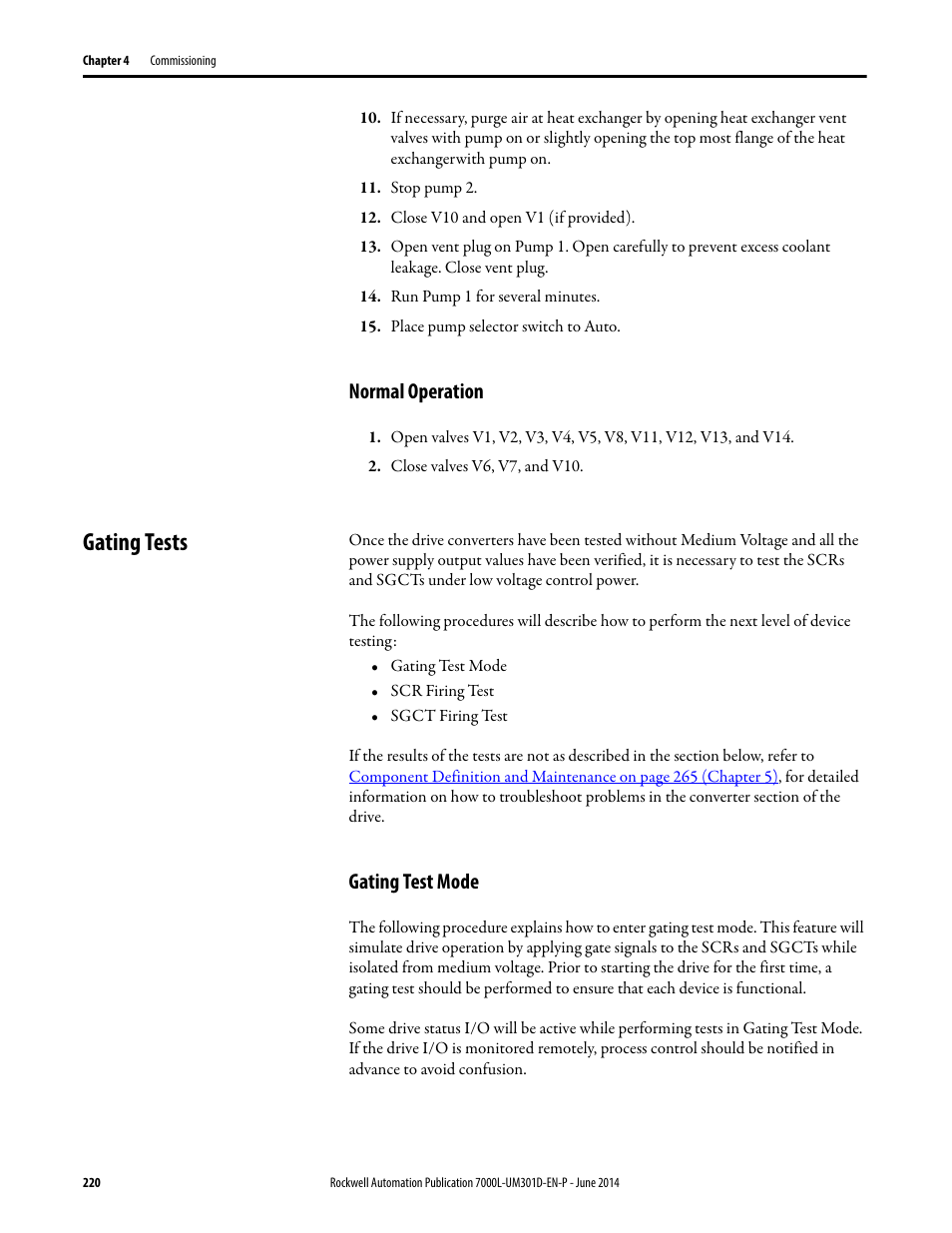 Normal operation, Gating tests, Gating test mode | Rockwell Automation 7000L PowerFlex Medium Voltage AC Drive (C-Frame) - ForGe Control User Manual | Page 220 / 432