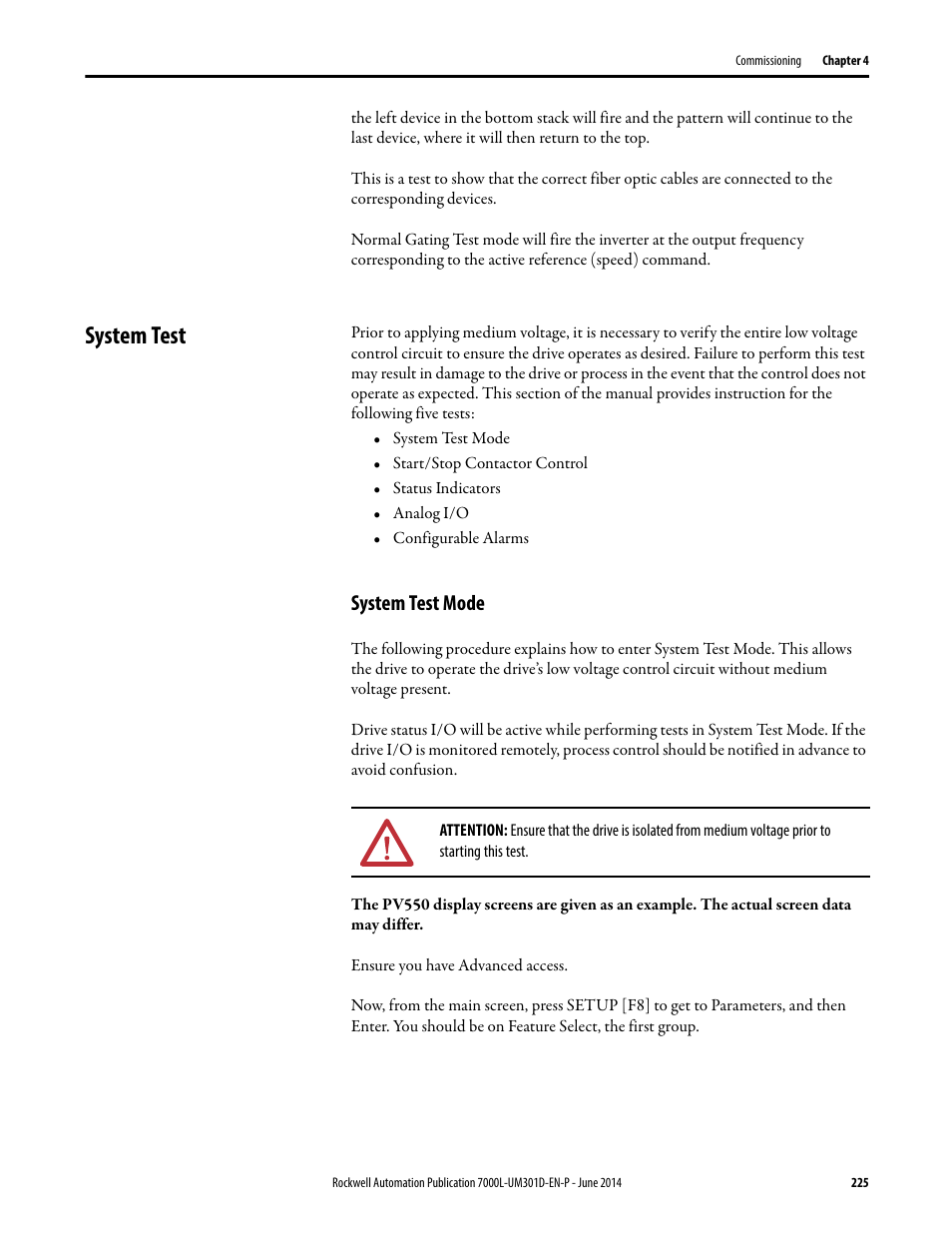 System test, System test mode | Rockwell Automation 7000L PowerFlex Medium Voltage AC Drive (C-Frame) - ForGe Control User Manual | Page 225 / 432