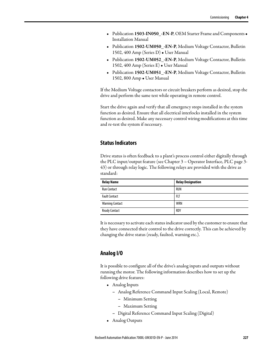 Status indicators, Analog i/o, Status indicators analog i/o | Rockwell Automation 7000L PowerFlex Medium Voltage AC Drive (C-Frame) - ForGe Control User Manual | Page 227 / 432