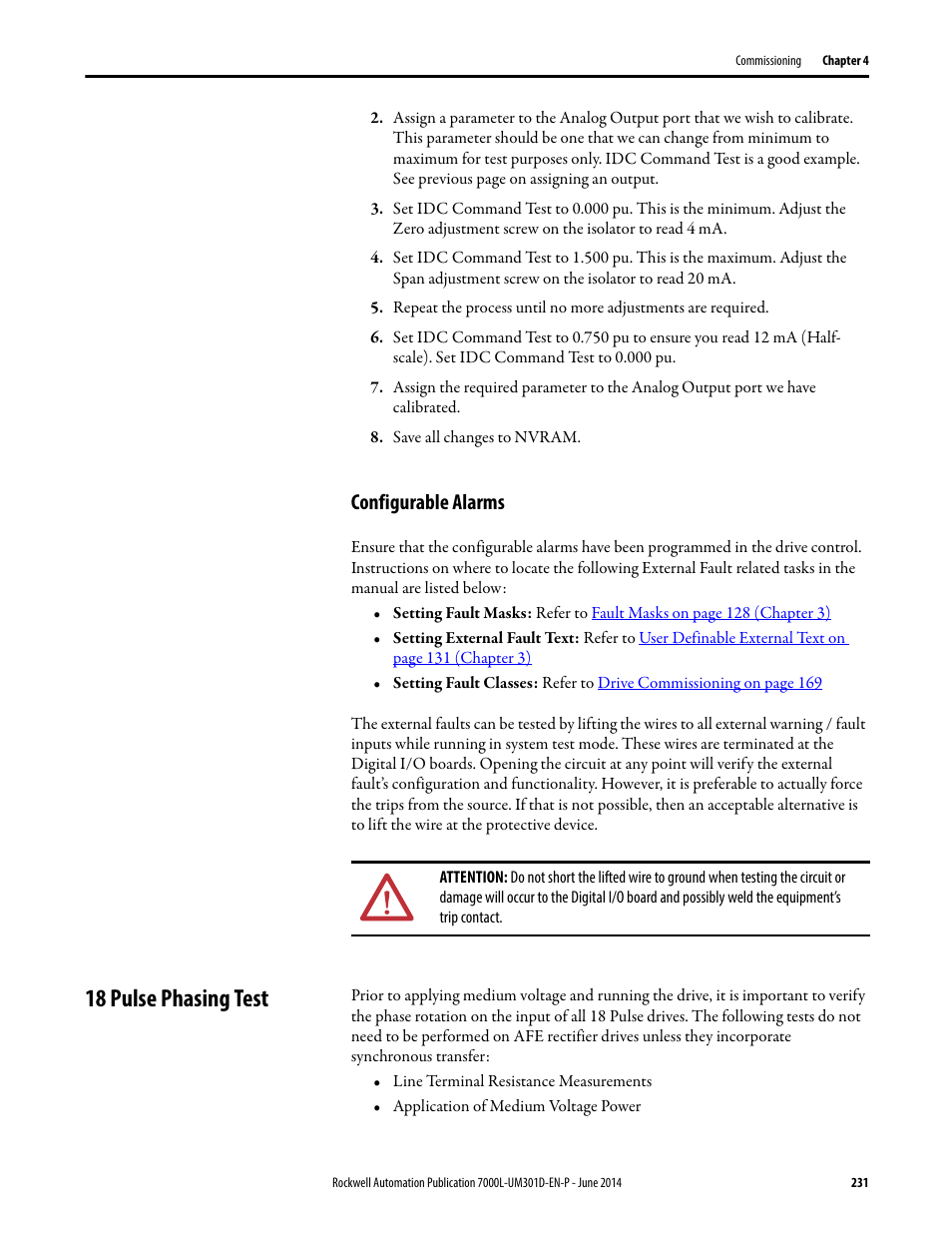 Configurable alarms, 18 pulse phasing test | Rockwell Automation 7000L PowerFlex Medium Voltage AC Drive (C-Frame) - ForGe Control User Manual | Page 231 / 432