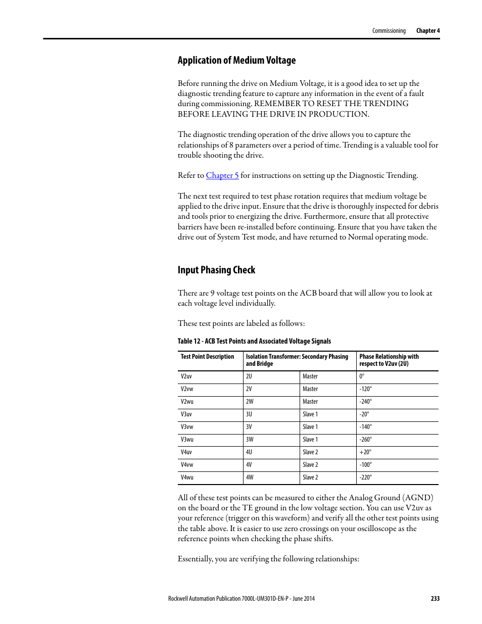 Application of medium voltage, Input phasing check, Application of medium voltage input phasing check | Rockwell Automation 7000L PowerFlex Medium Voltage AC Drive (C-Frame) - ForGe Control User Manual | Page 233 / 432
